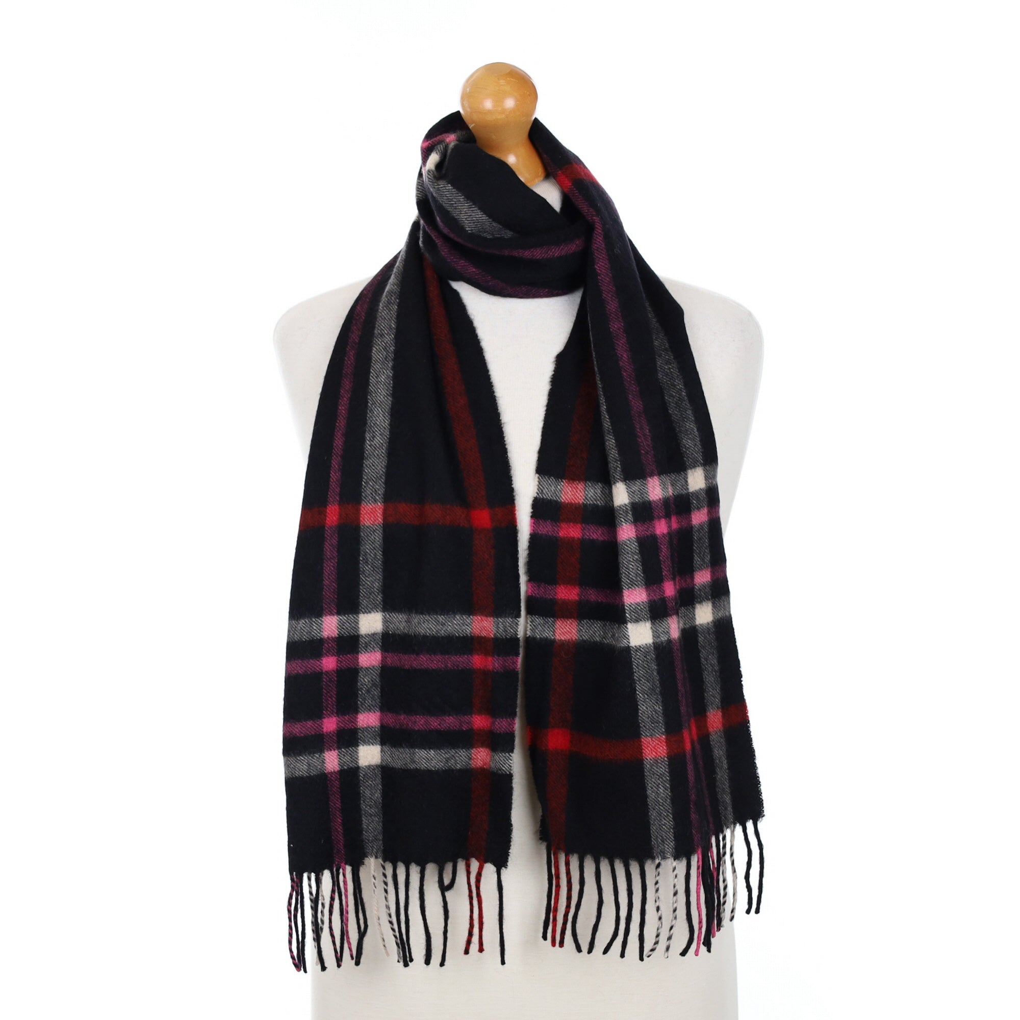 Black and Pink Checked Cashmere Fringed Woven Scarf