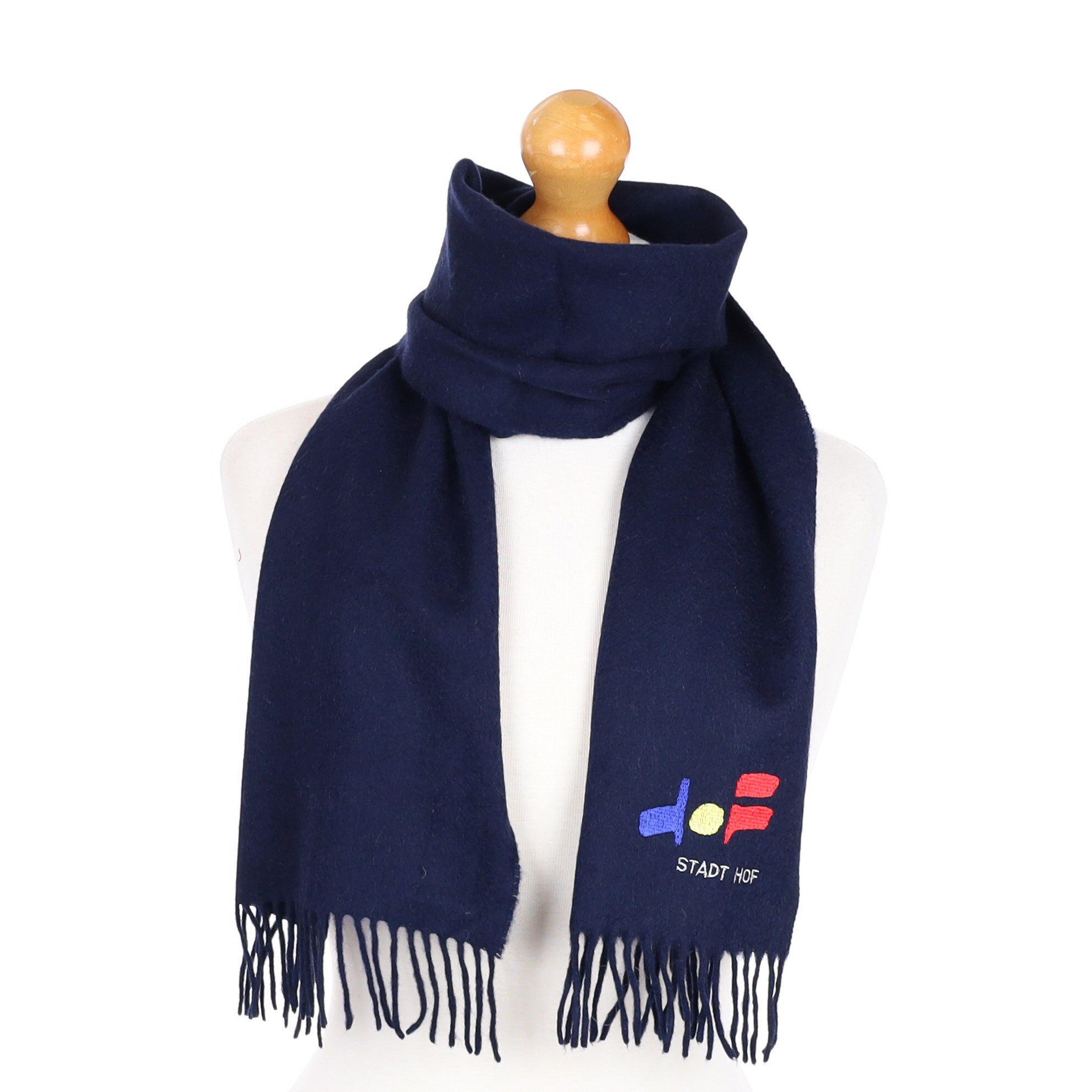 Navy Blue Logo ‘Staft Hof’ Cashmere Fringed Woven Scarf