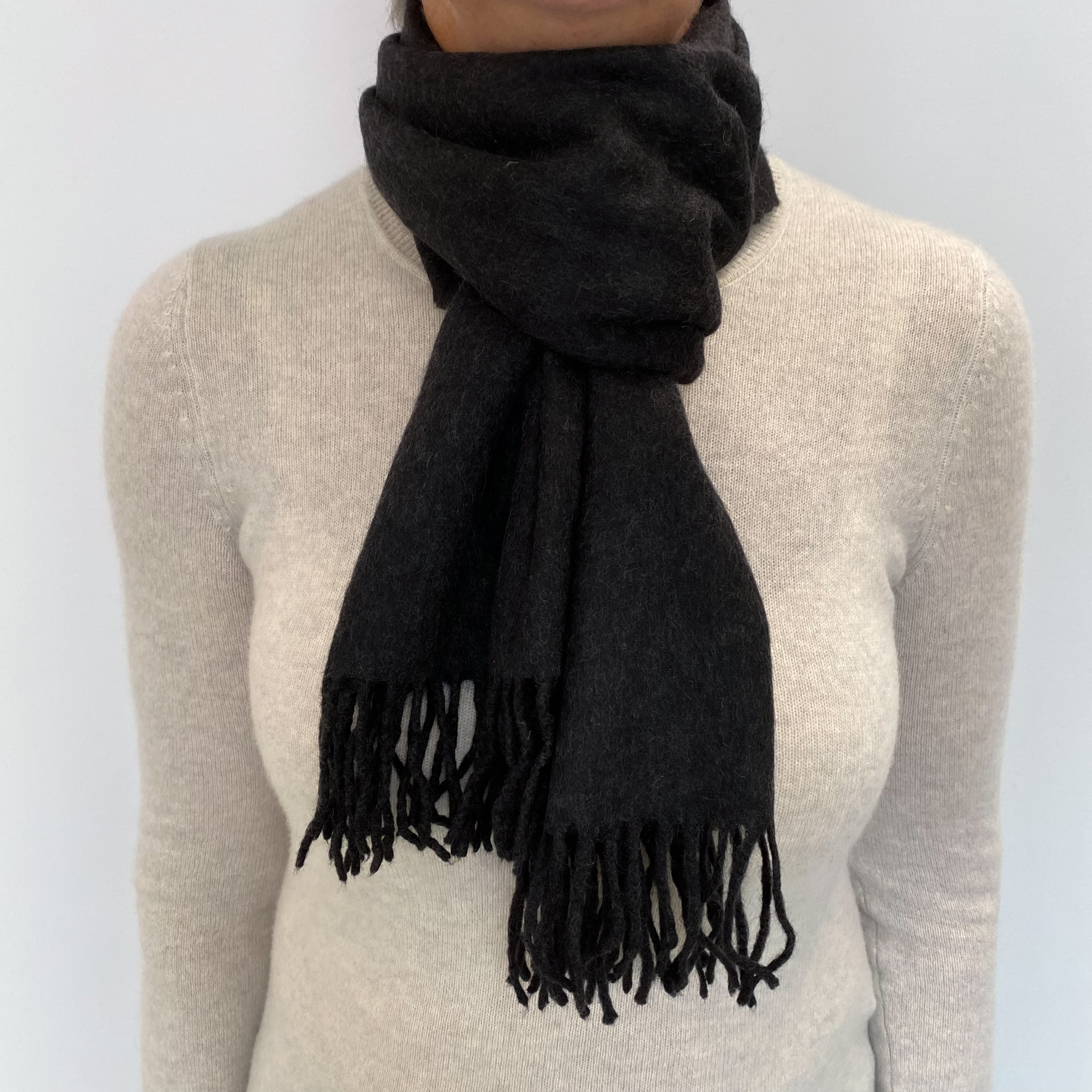 Darkest Charcoal Cashmere Woven Fringed Scarf