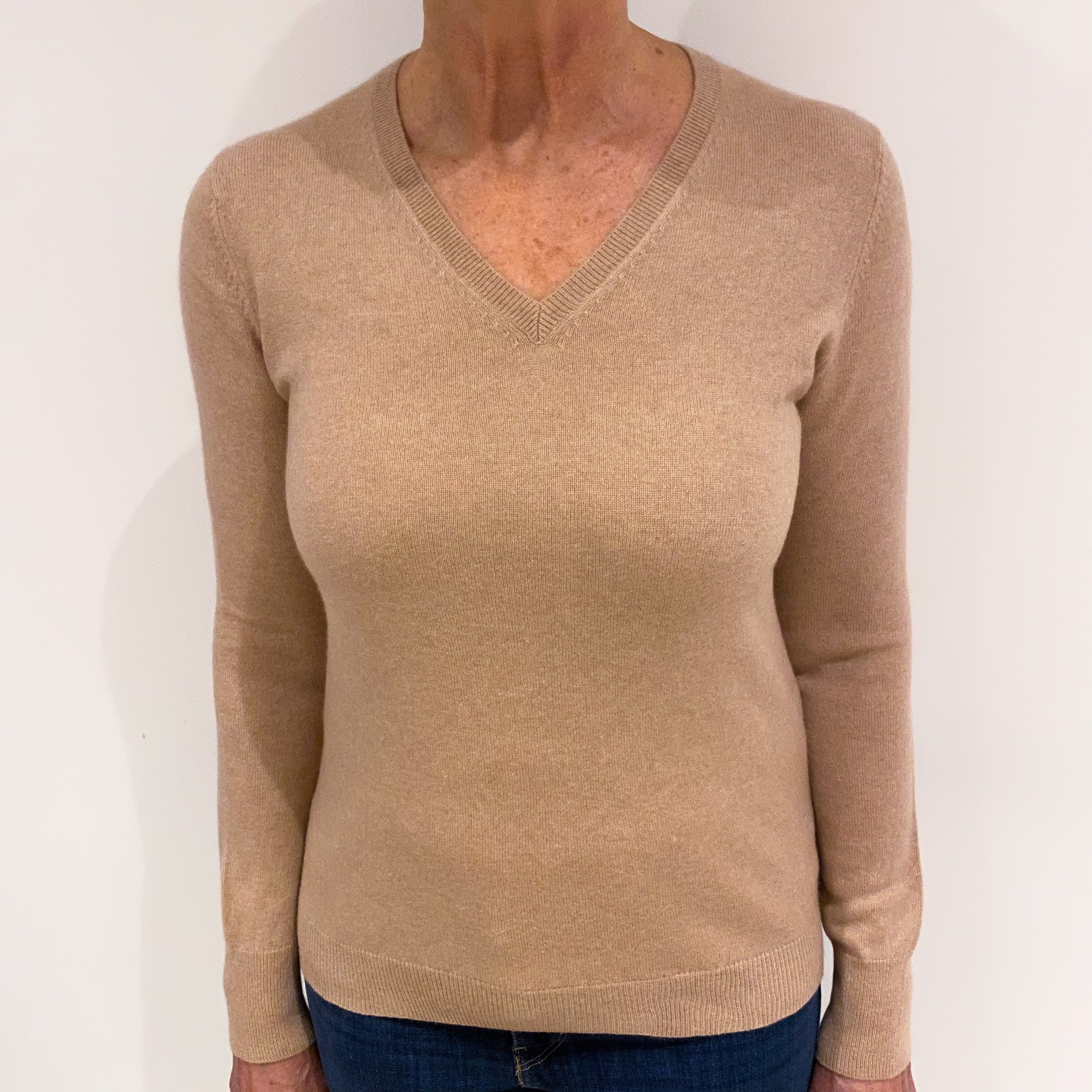 Buff Beige Cashmere V Neck Jumper Medium