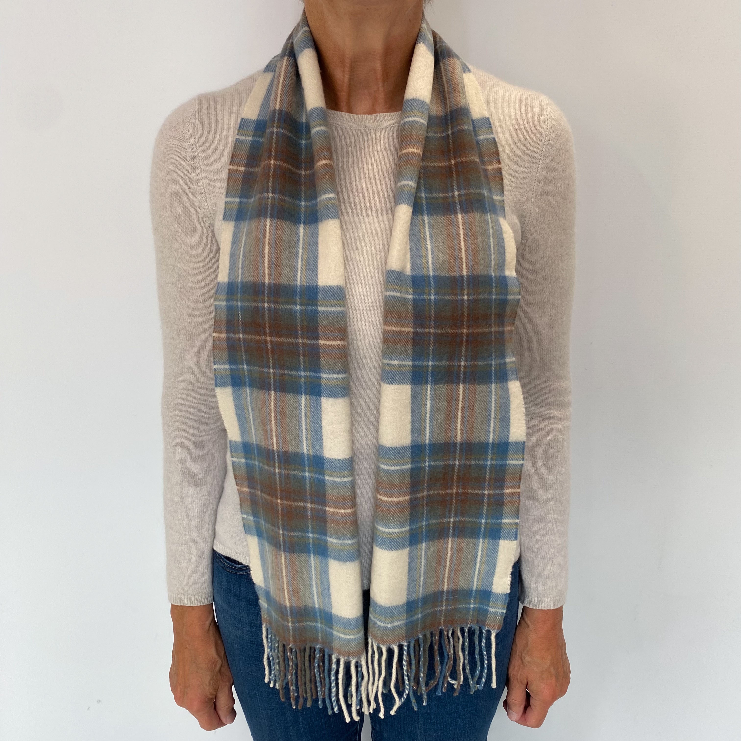 Cream Checked Cashmere Tasseled Woven Scarf