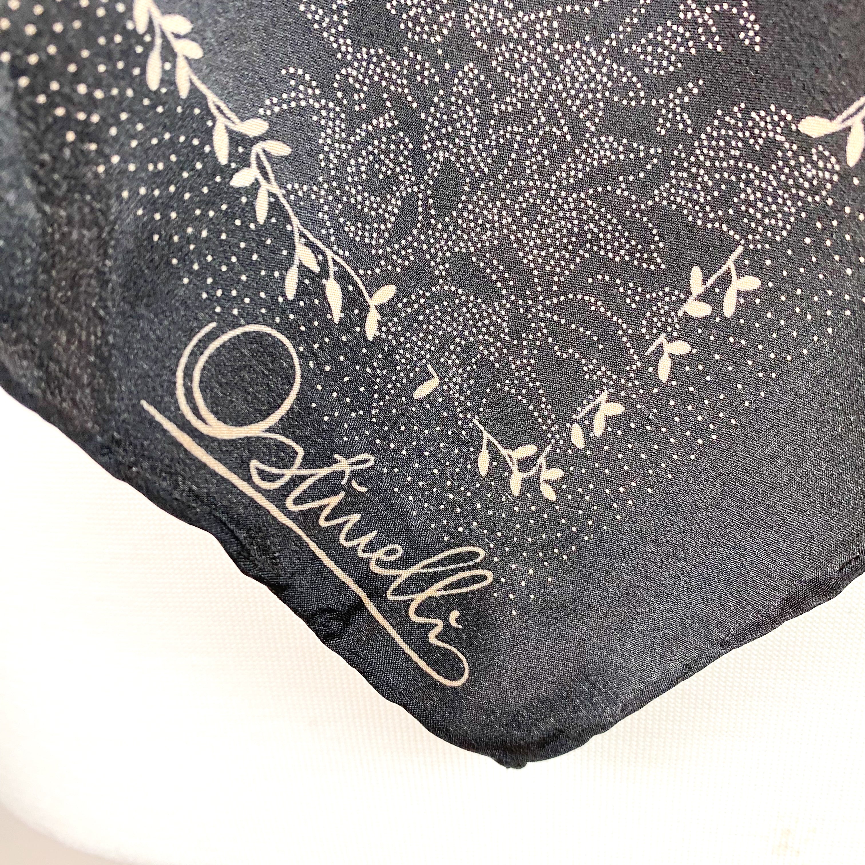 Unworn 1970s Ostinelli Black Floral Italian Vintage Silk Scarf