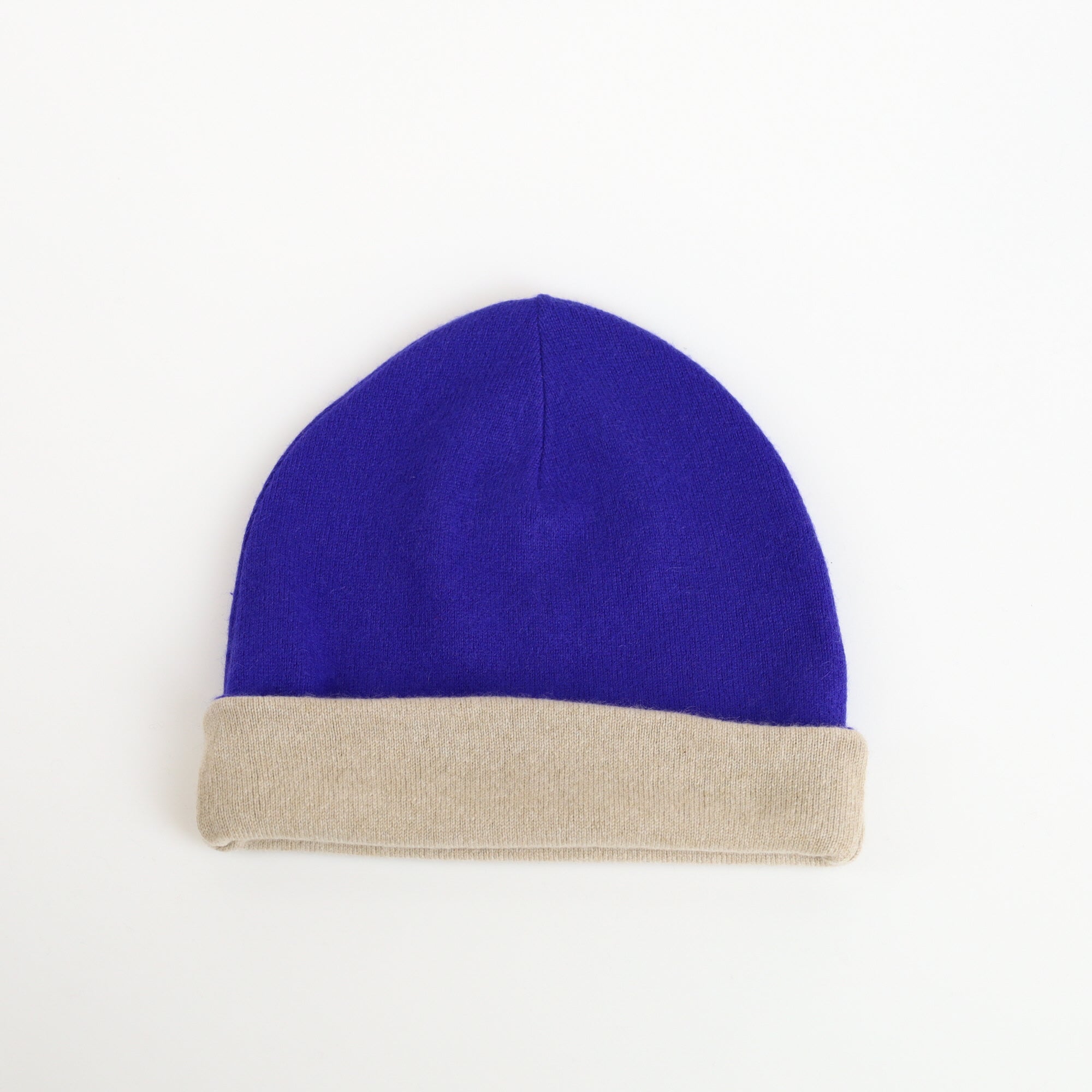 Azure Blue and Biscuit Beige Reversible Cashmere Beanie Hat