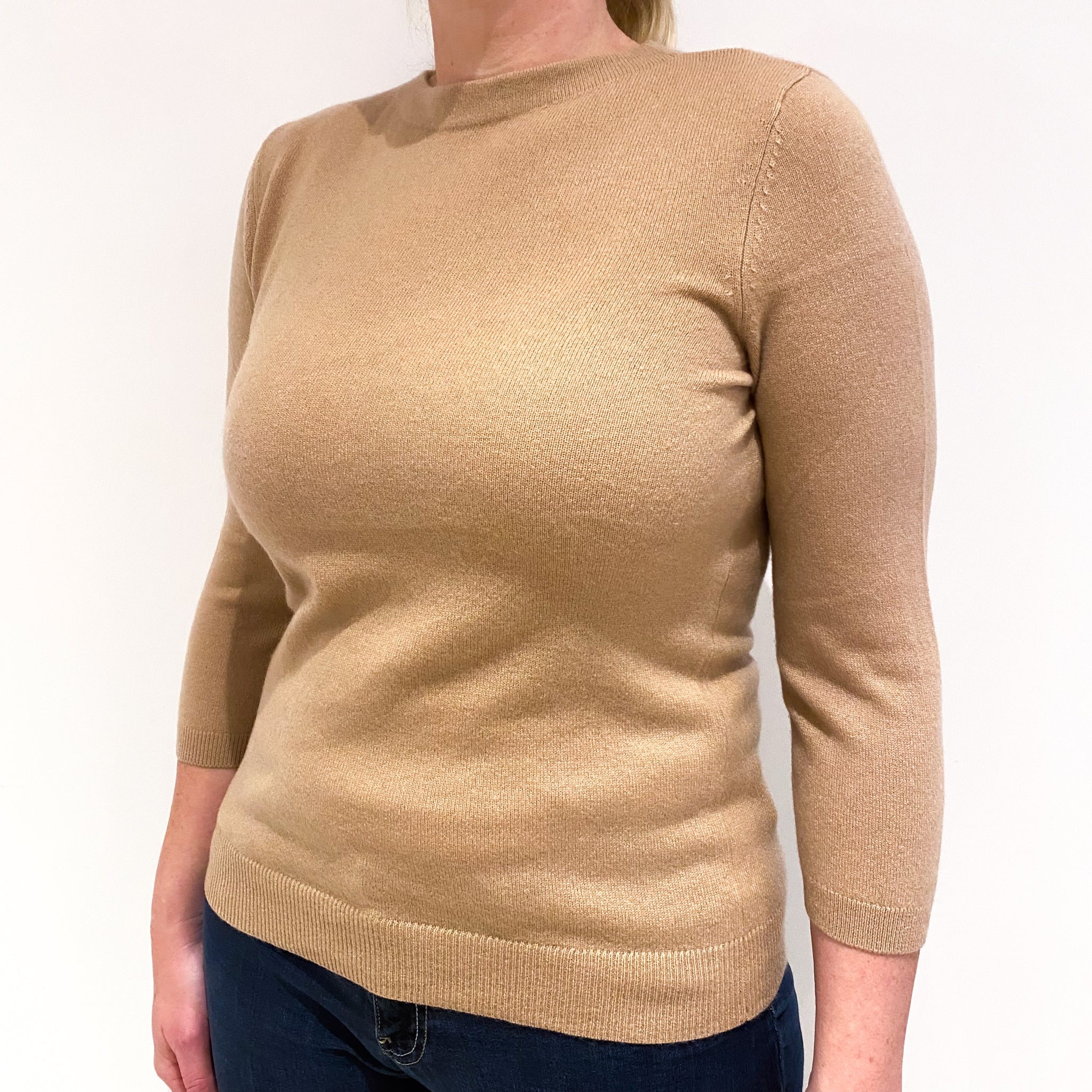 Fudge Brown 3/4 Sleeved Cashmere Crew Neck Jumper Large