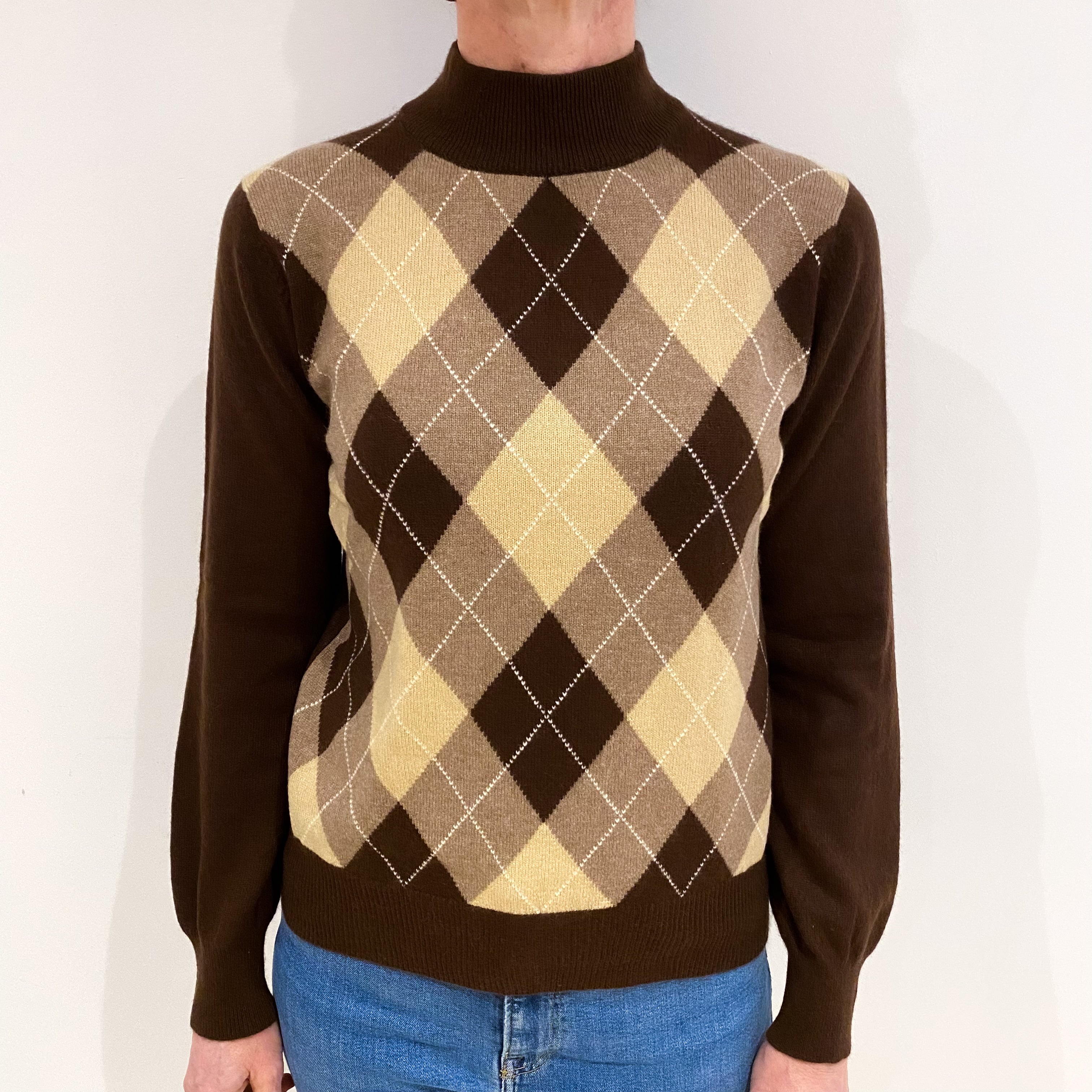 Chocolate Brown Argyle Pattern Cashmere Turtle Neck Jumper Small