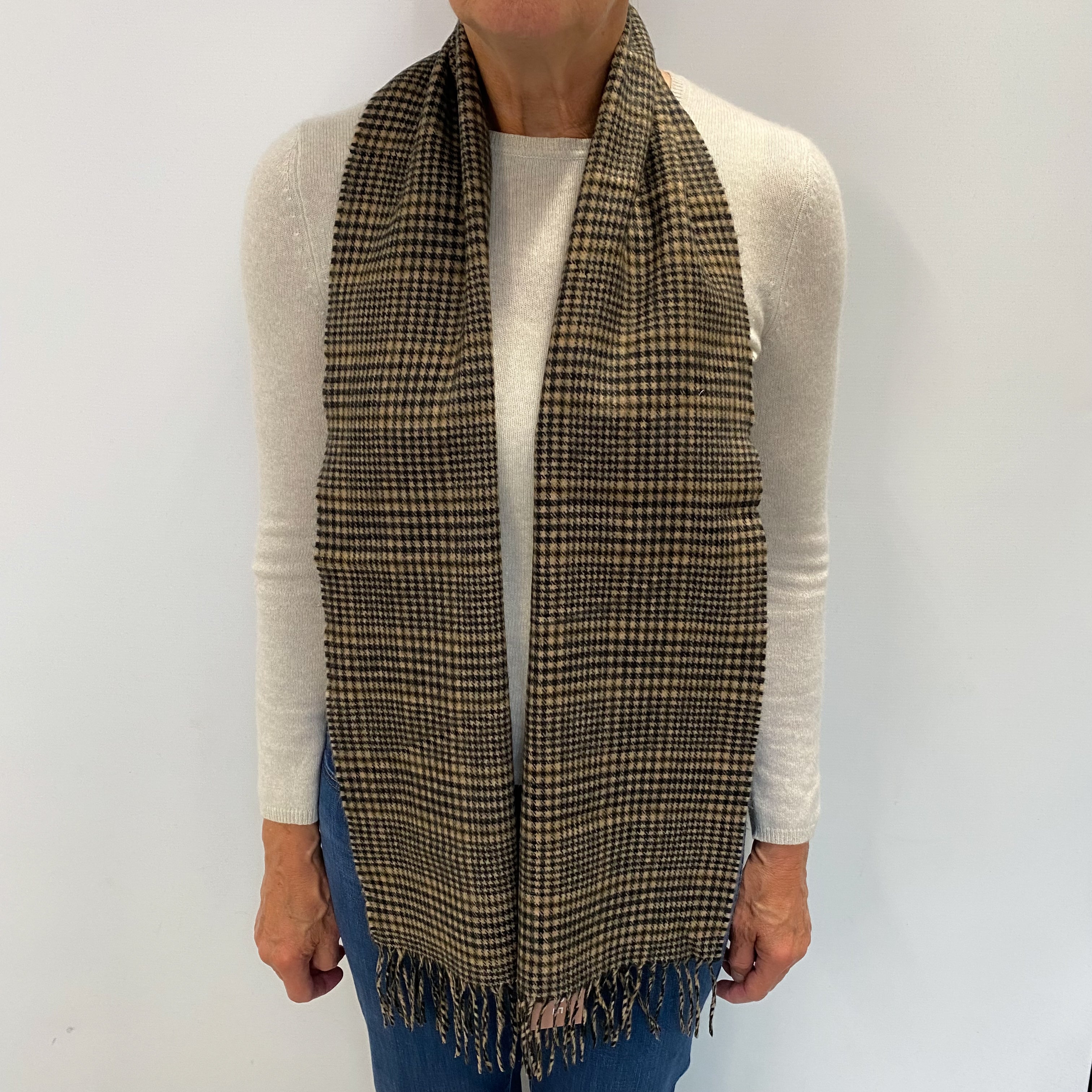 Black and Caramel Checked Cashmere Woven Fringed Scarf