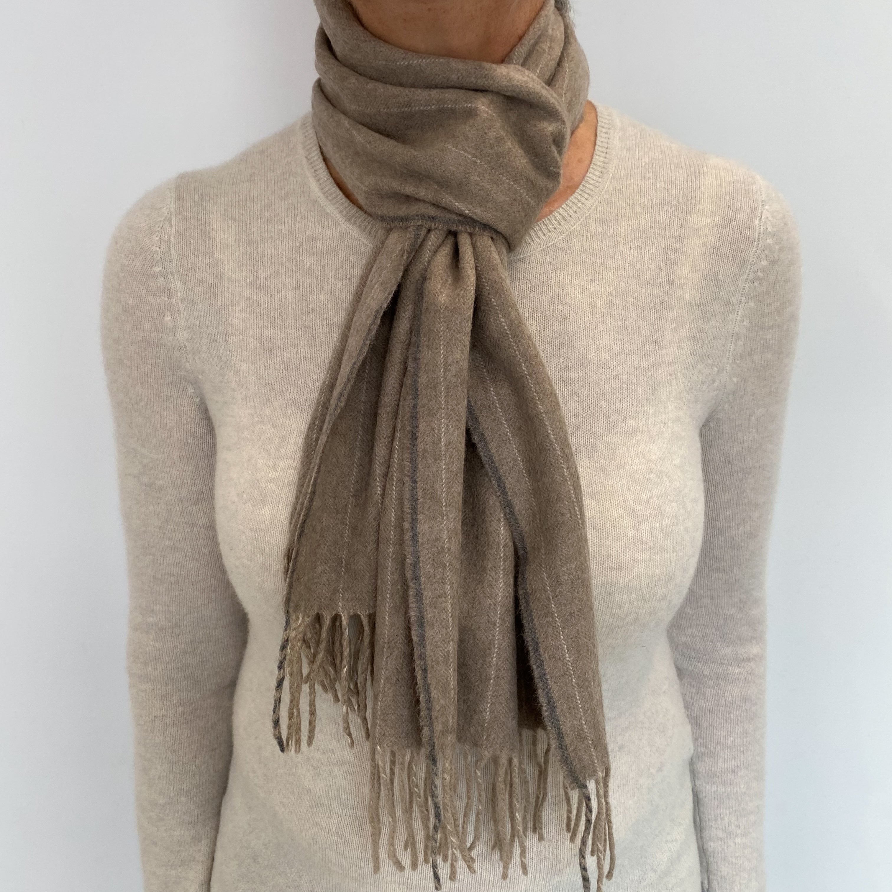 Taupe Pinstripe Cashmere Woven Fringed Scarf