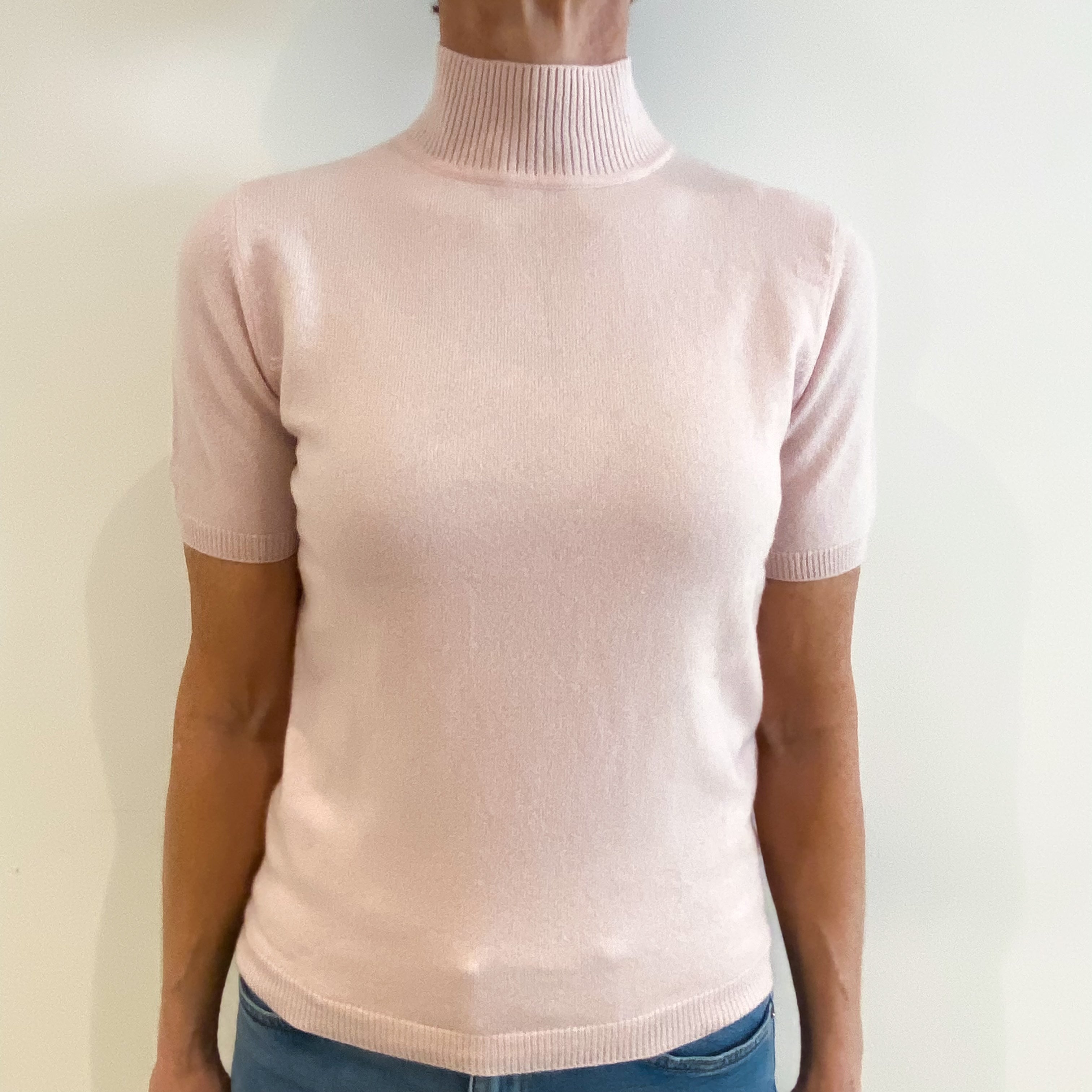 Carnation Pink Cashmere Short Sleeved Turtle Neck Jumper Small