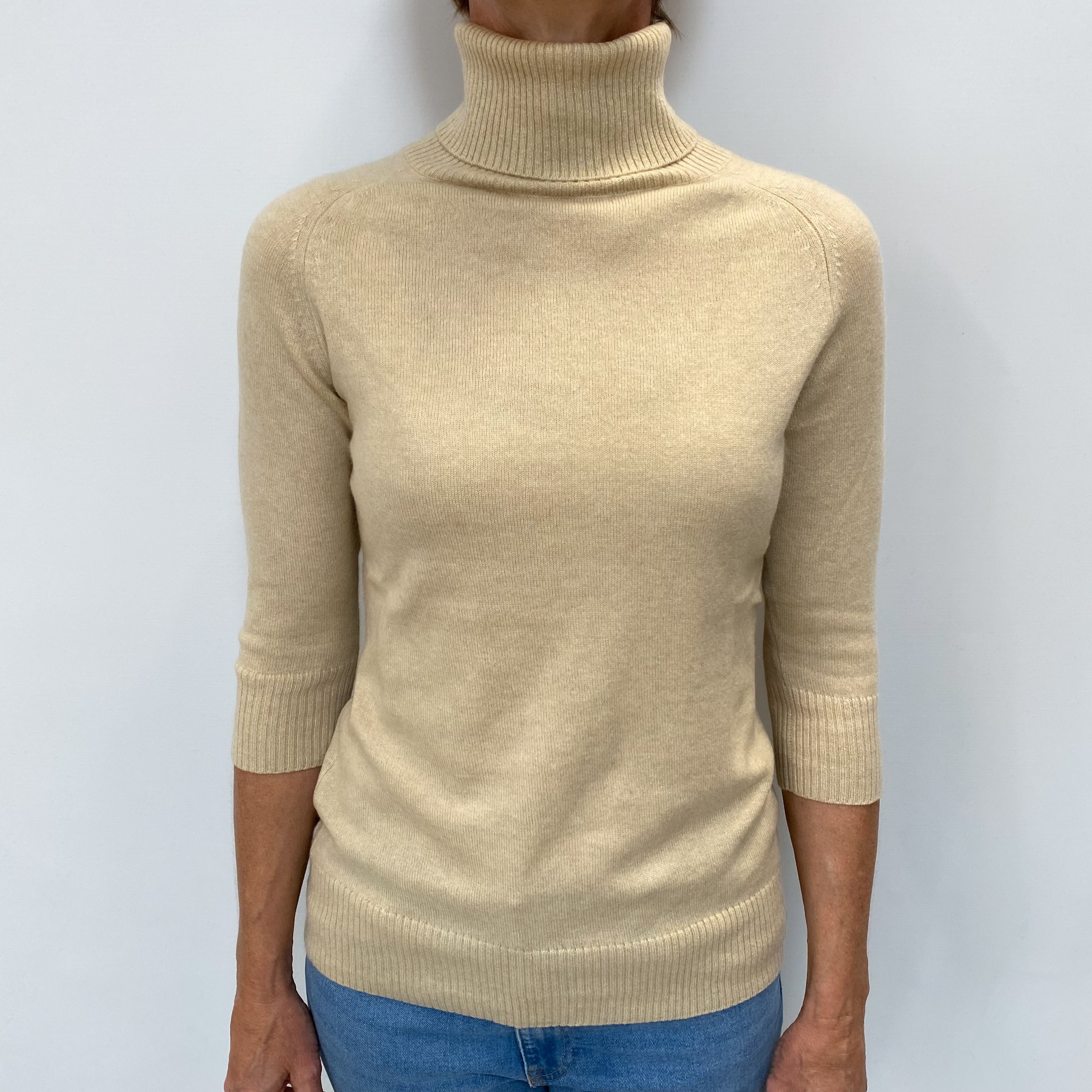 Sand Beige Cashmere Polo Neck Jumper Small