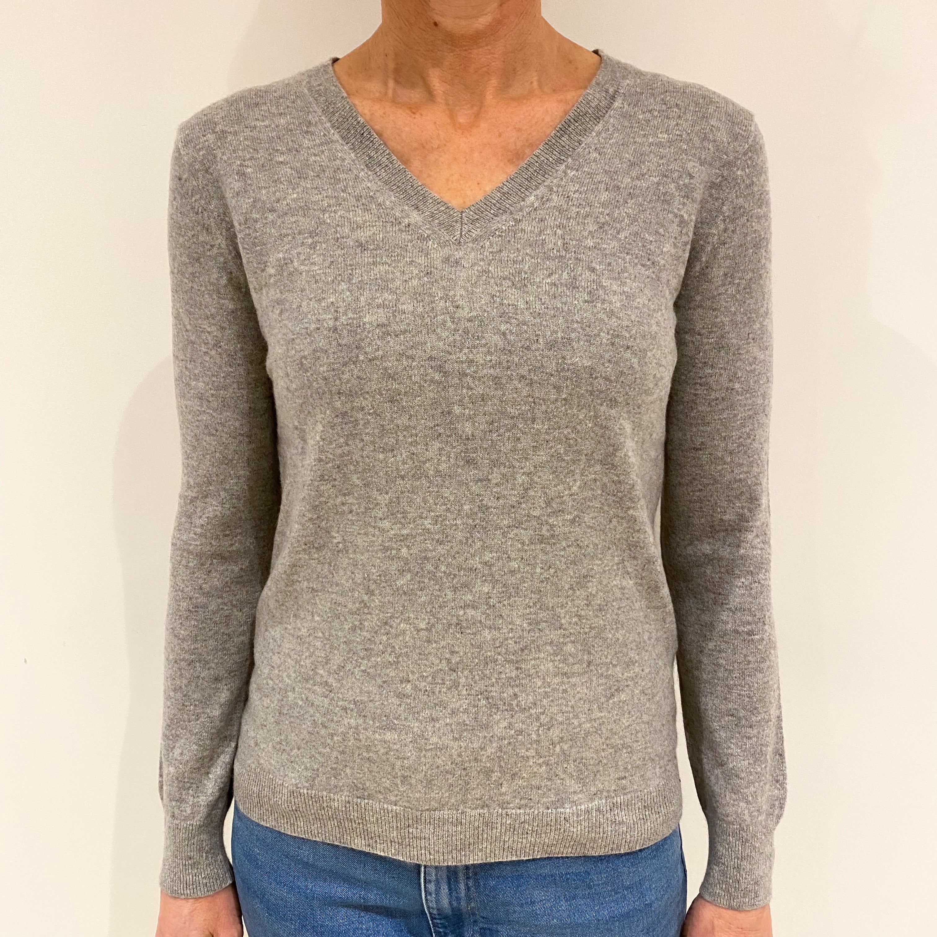 Smoke Grey Cashmere V Neck Jumper Small