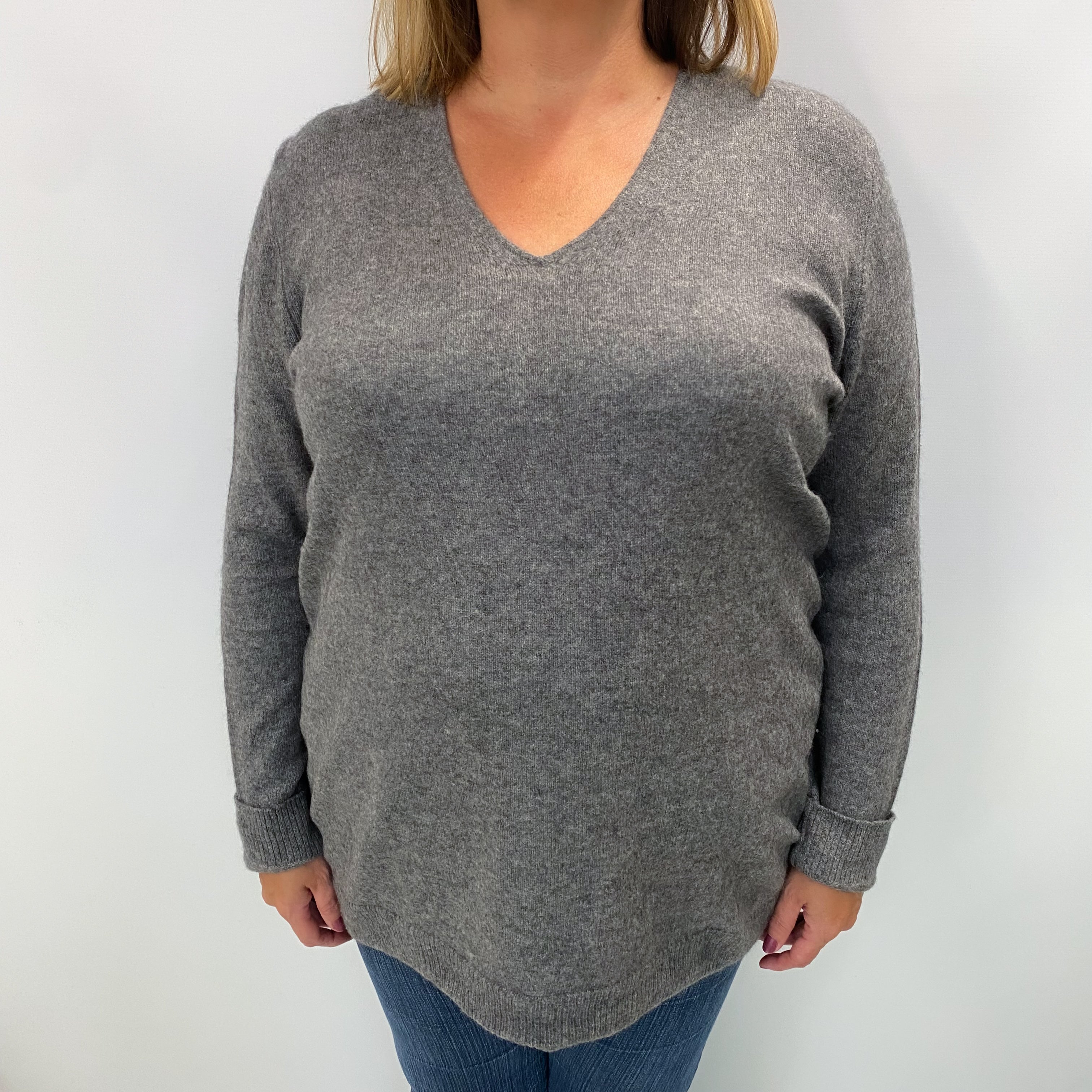 Slate Grey Cashmere V Neck Jumper Extra Large