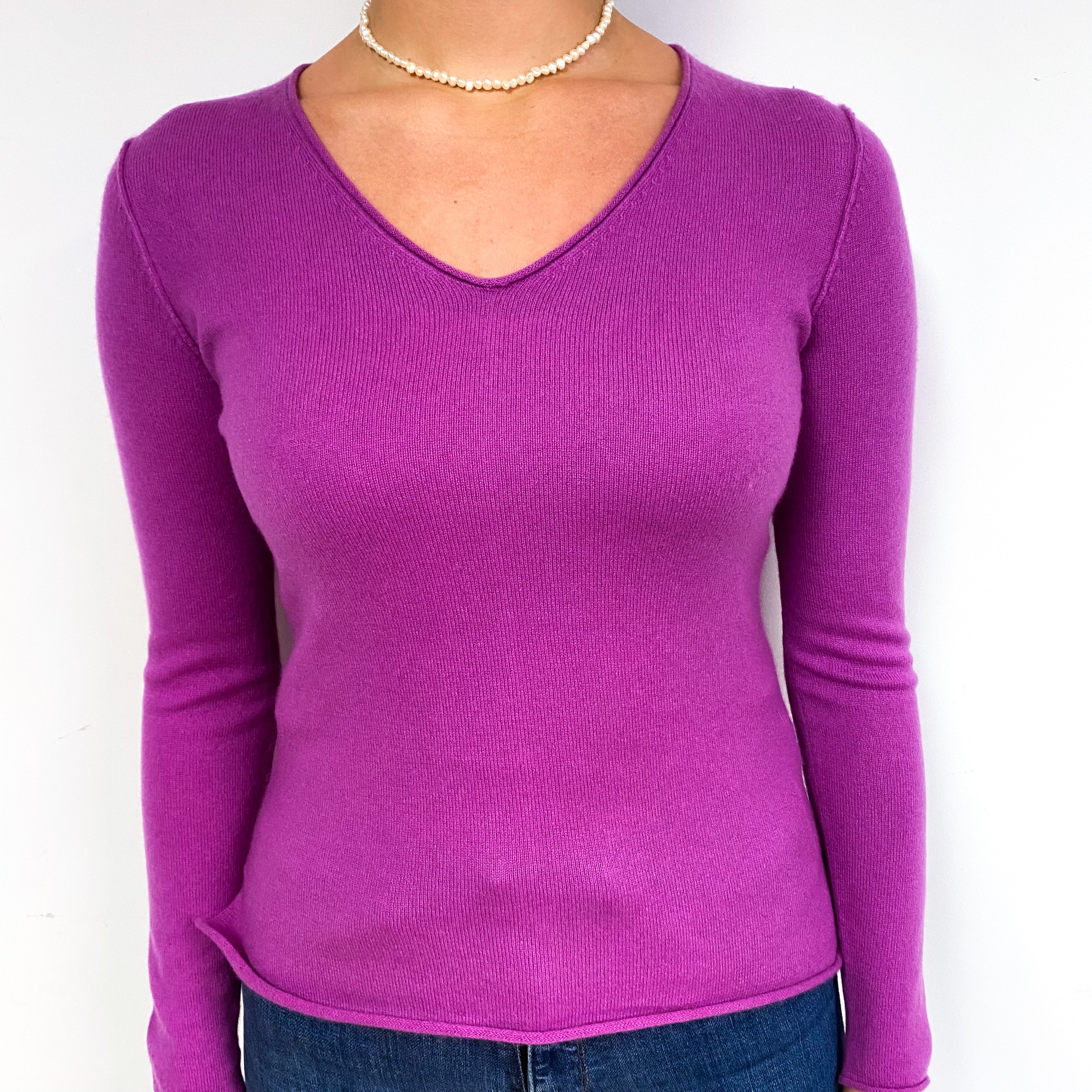 Magenta Purple Cashmere V-Neck Jumper Small