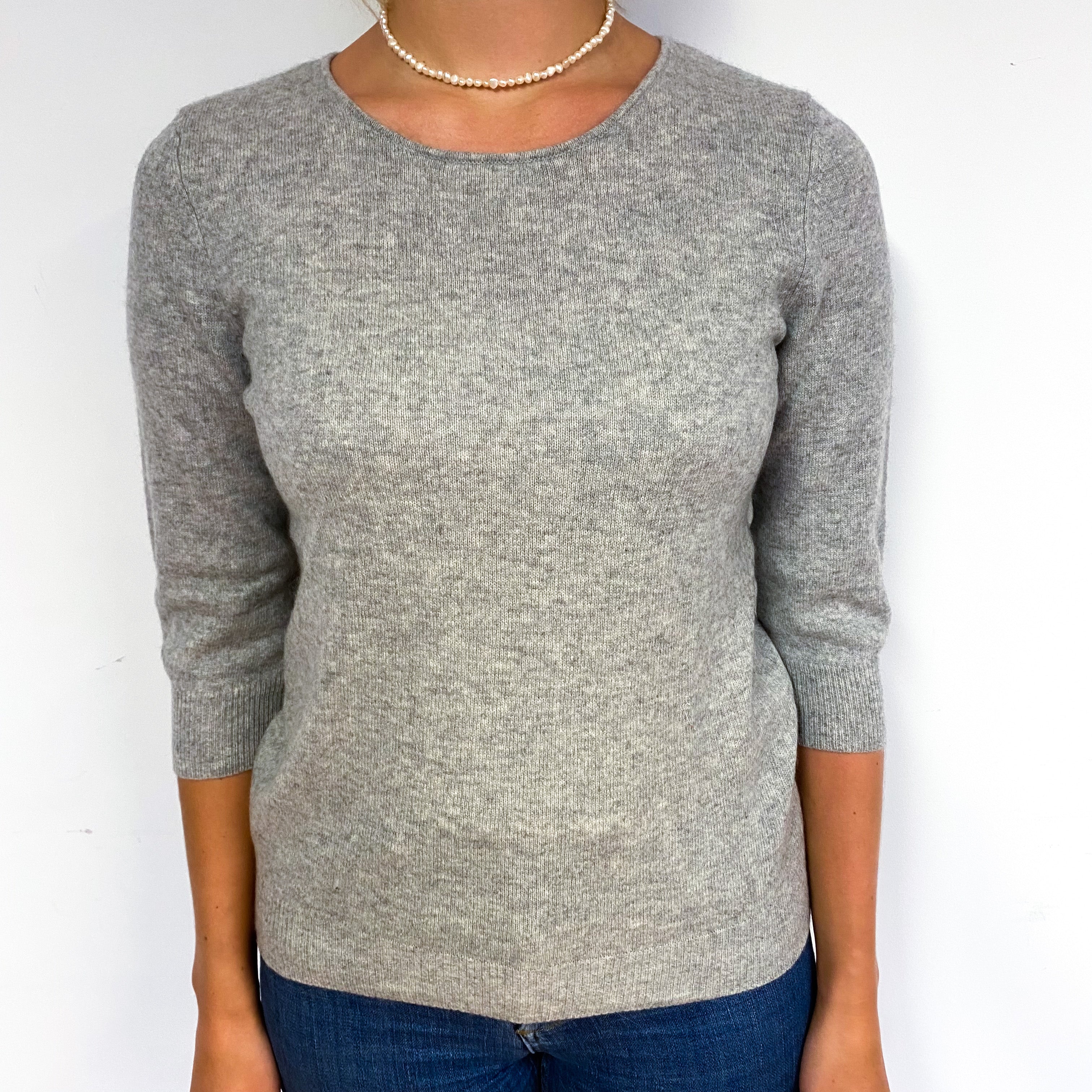 Smoke Grey 3/4 Sleeve Cashmere Crew Neck Jumper Small