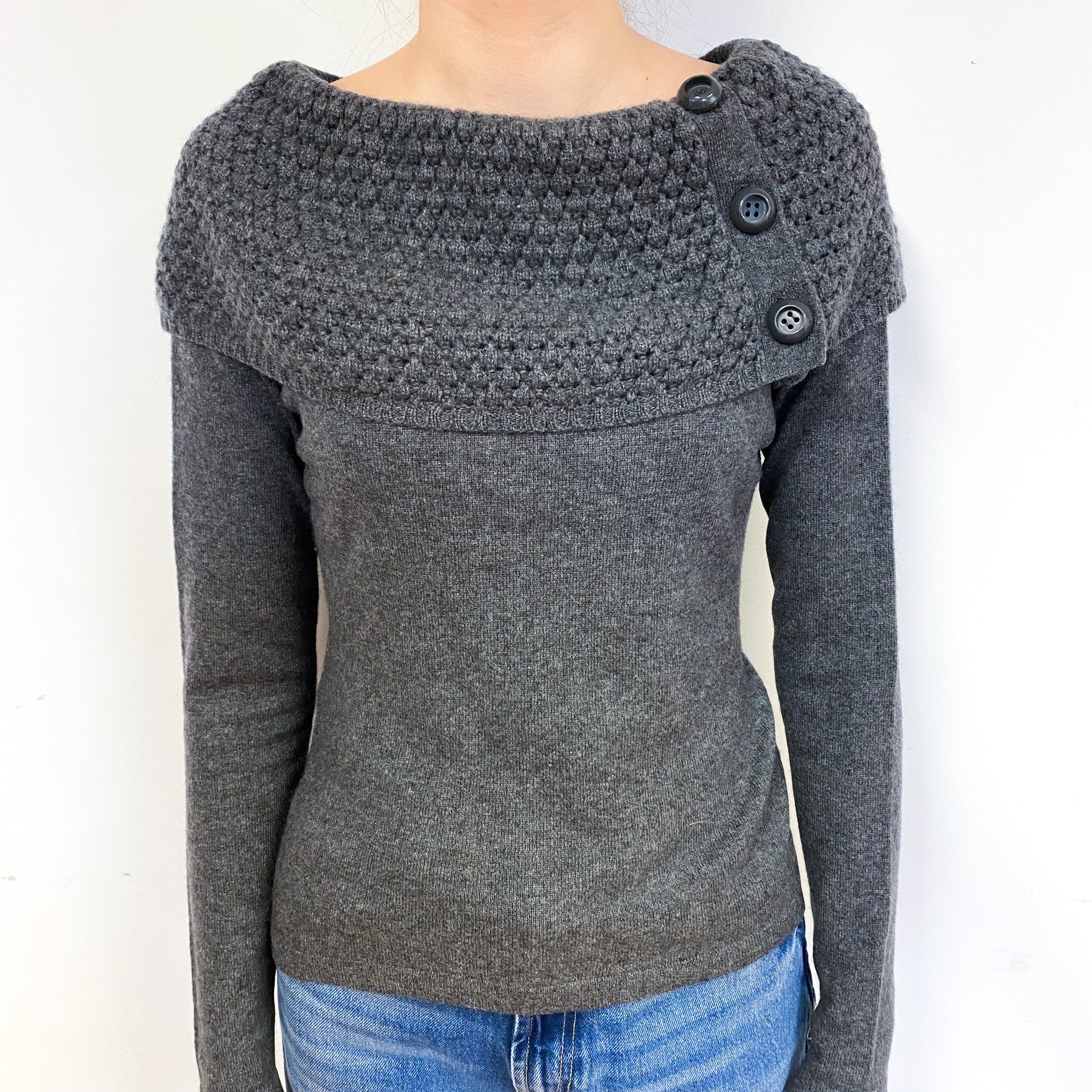 Slate Grey Textured Cashmere Boat Neck Jumper Extra Small