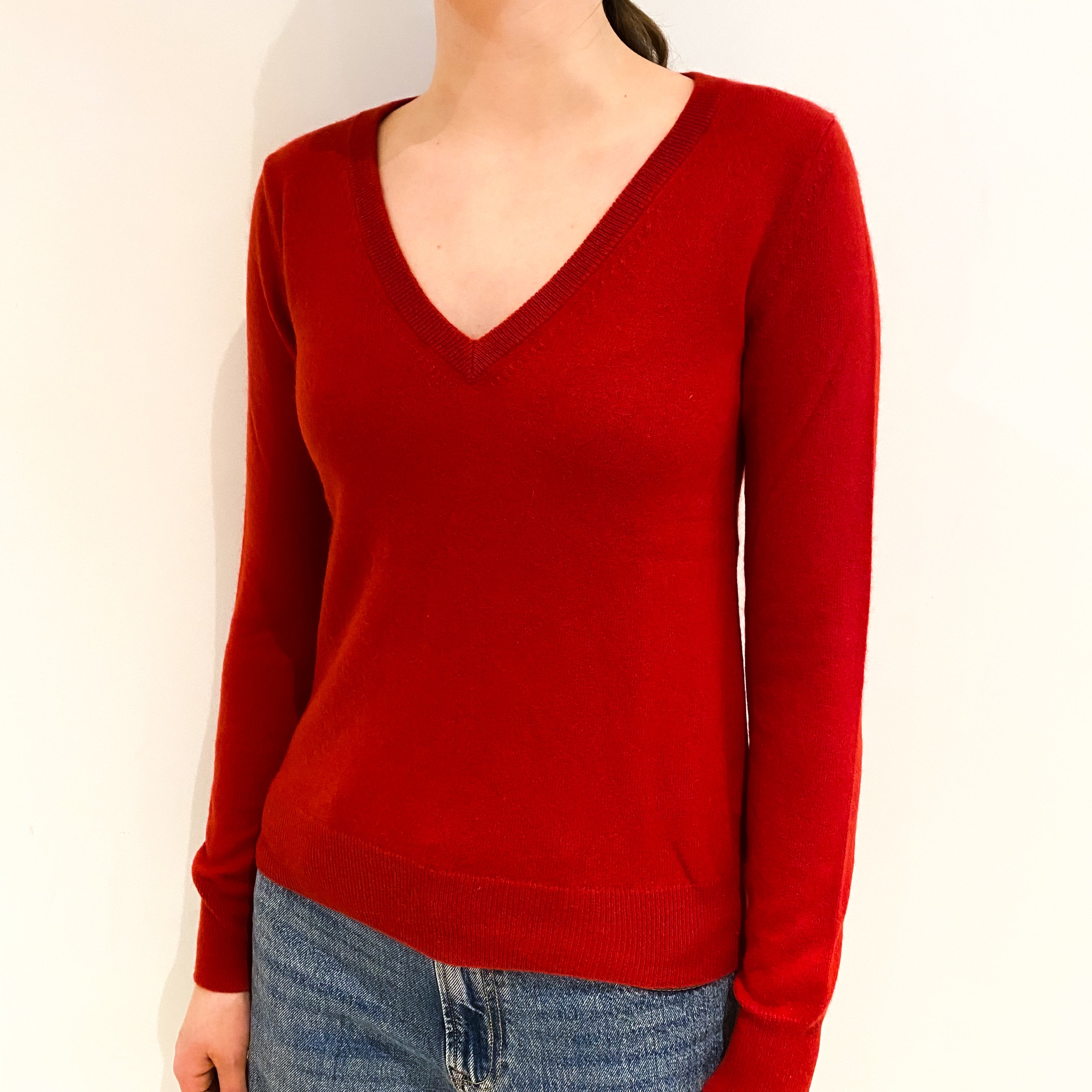 Post Box Red Cashmere V Neck Jumper Extra Small