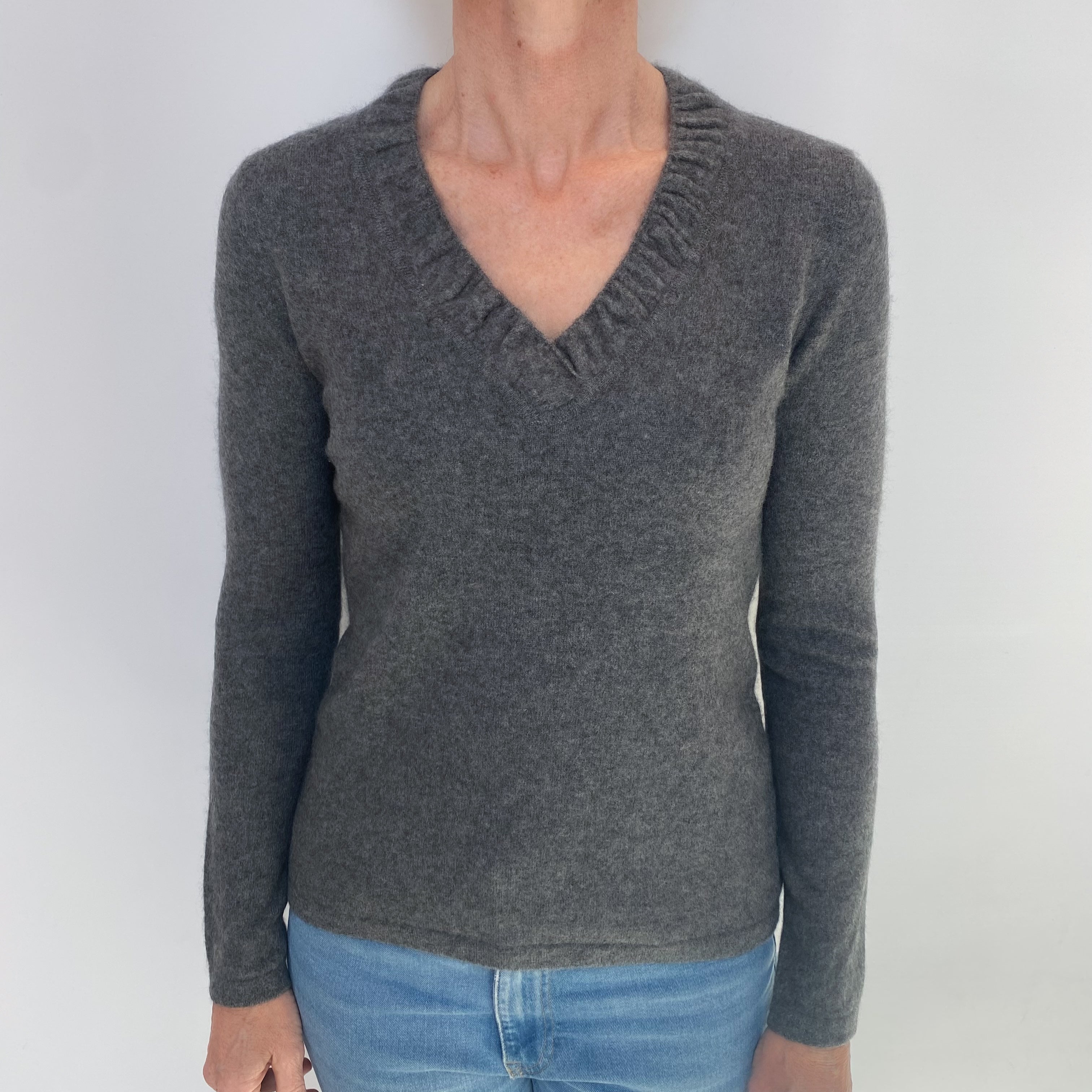 Slate Grey Cashmere Ruched V Neck Jumper Small