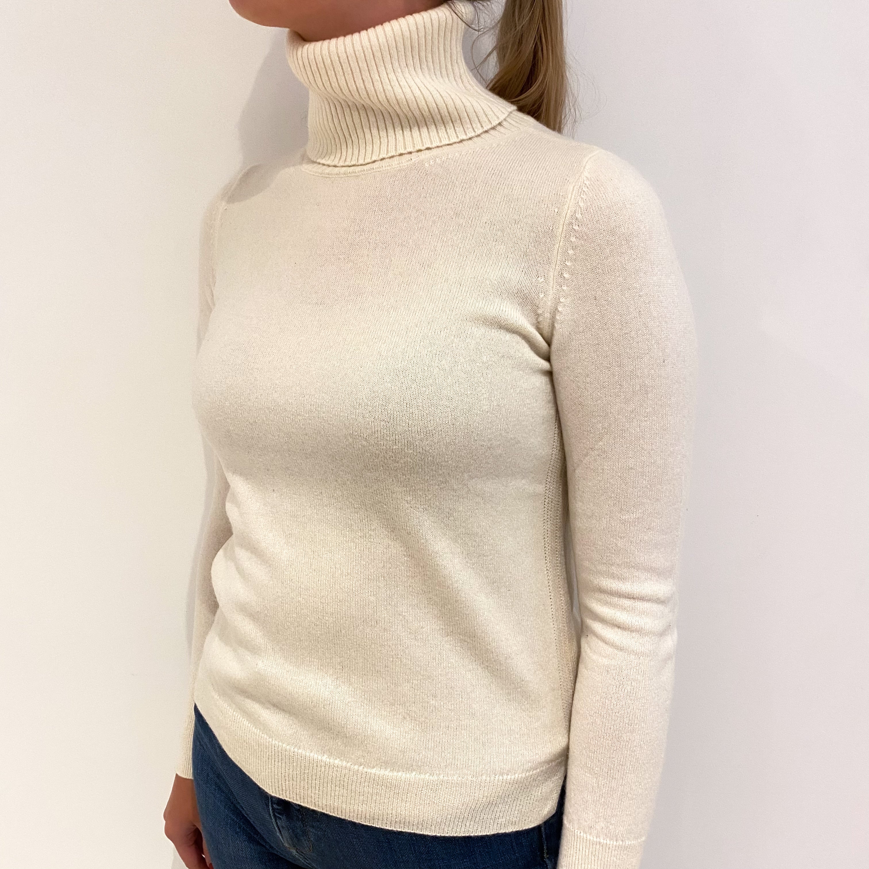 Vanilla Cream Rib Detail Cashmere Polo Neck Jumper Small