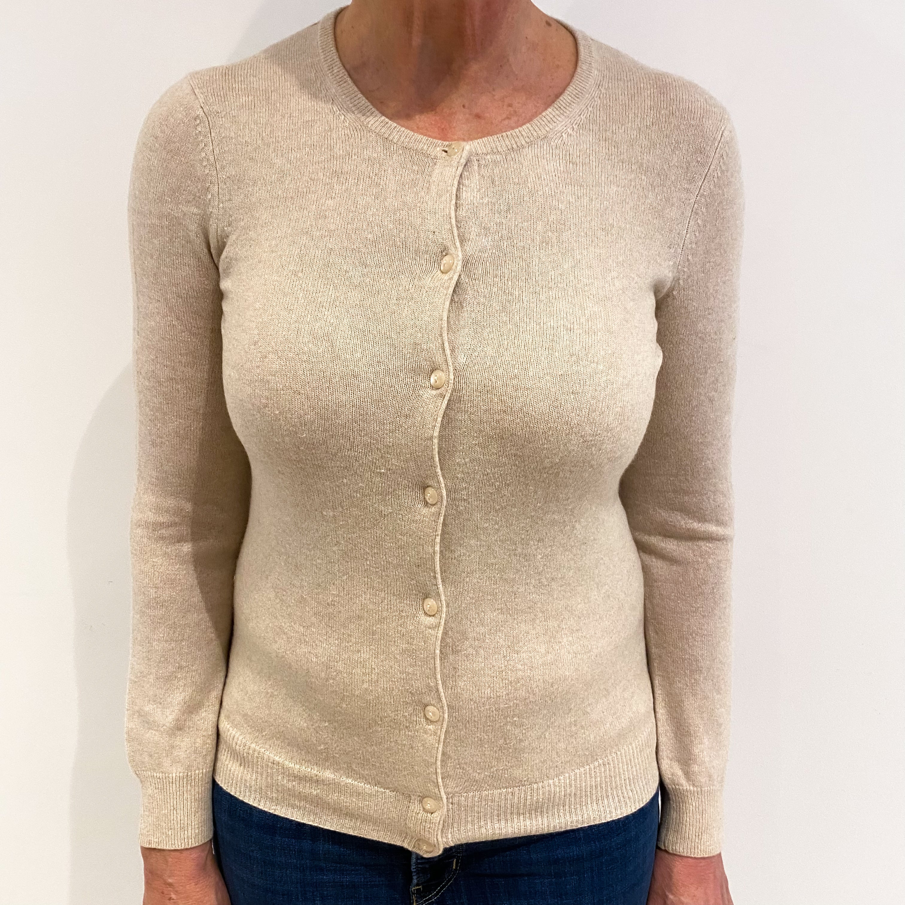 Light Beige Cashmere Crew Neck Cardigan Medium