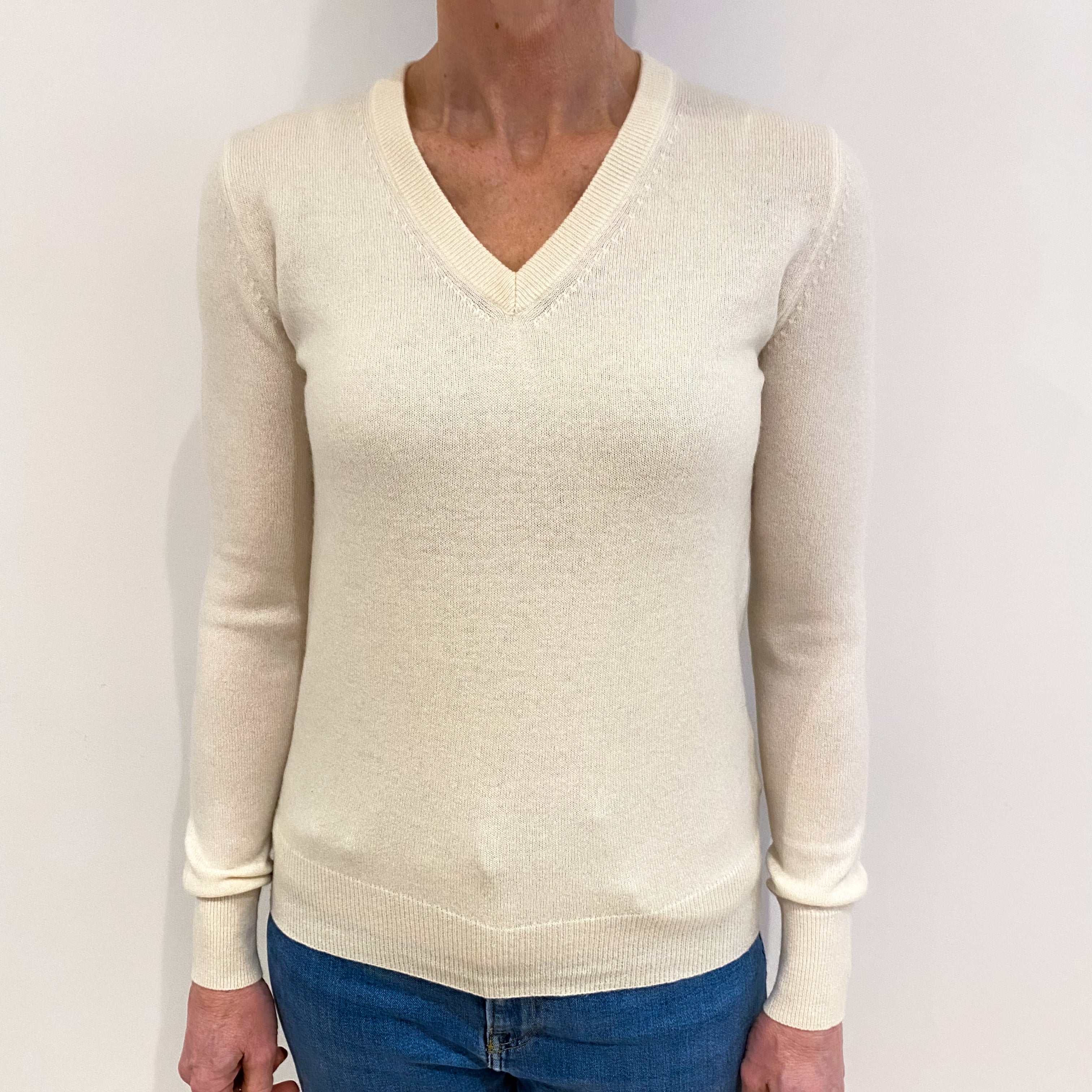 Ivory Cashmere V Neck Jumper Small