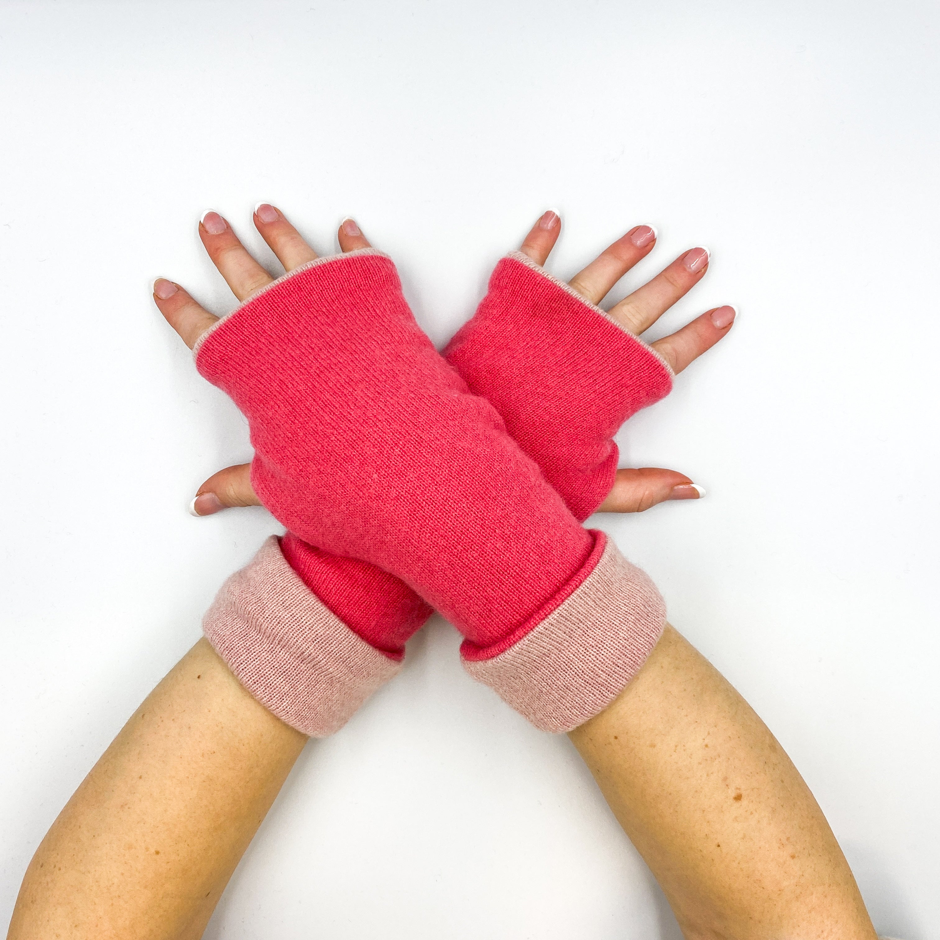 Deep Coral and Blush Pink Reversible Cashmere Fingerless Gloves