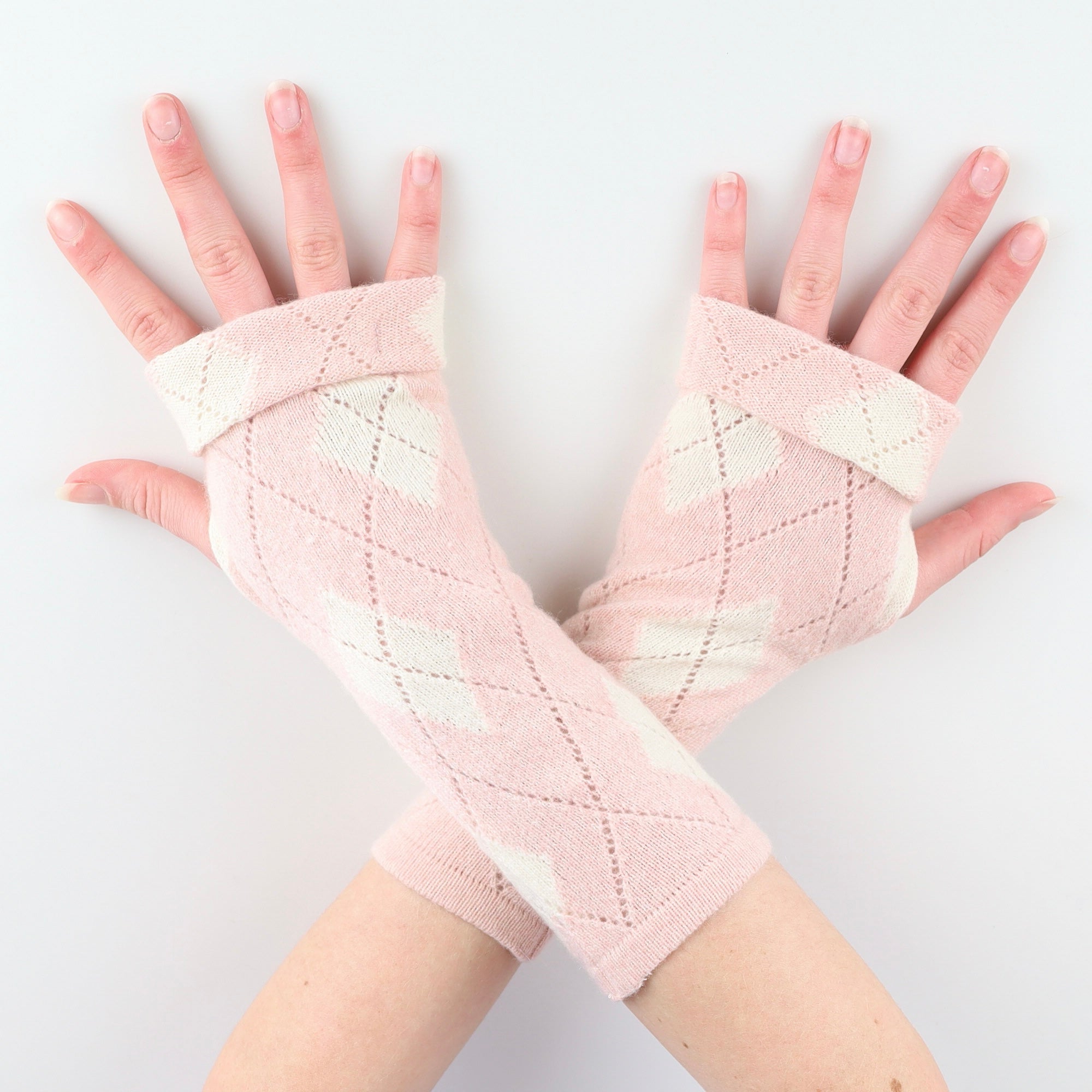 Pale Pink and Cream Patterned Fingerless Gloves