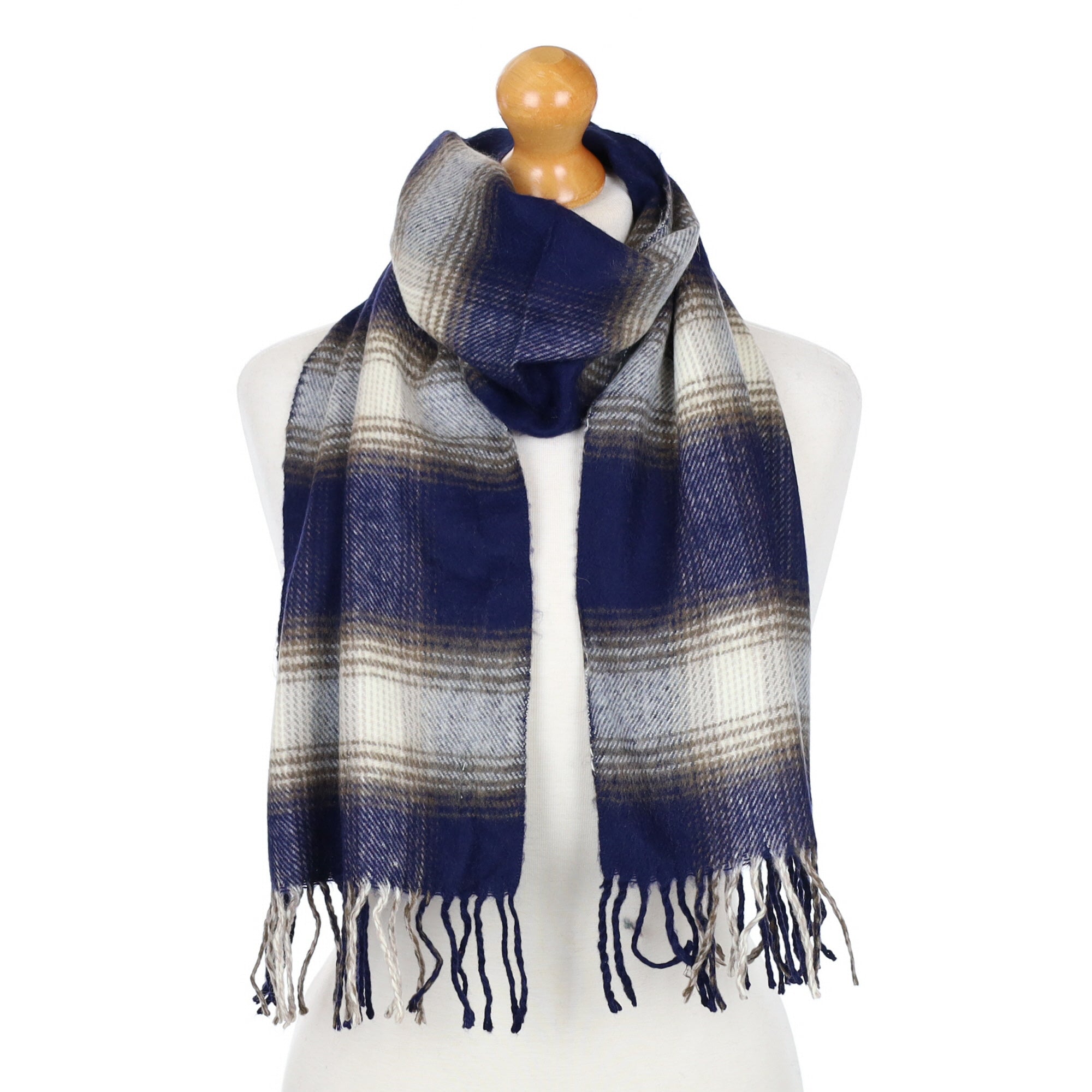 Navy and Cream Checked Fringed Cashmere Woven Scarf