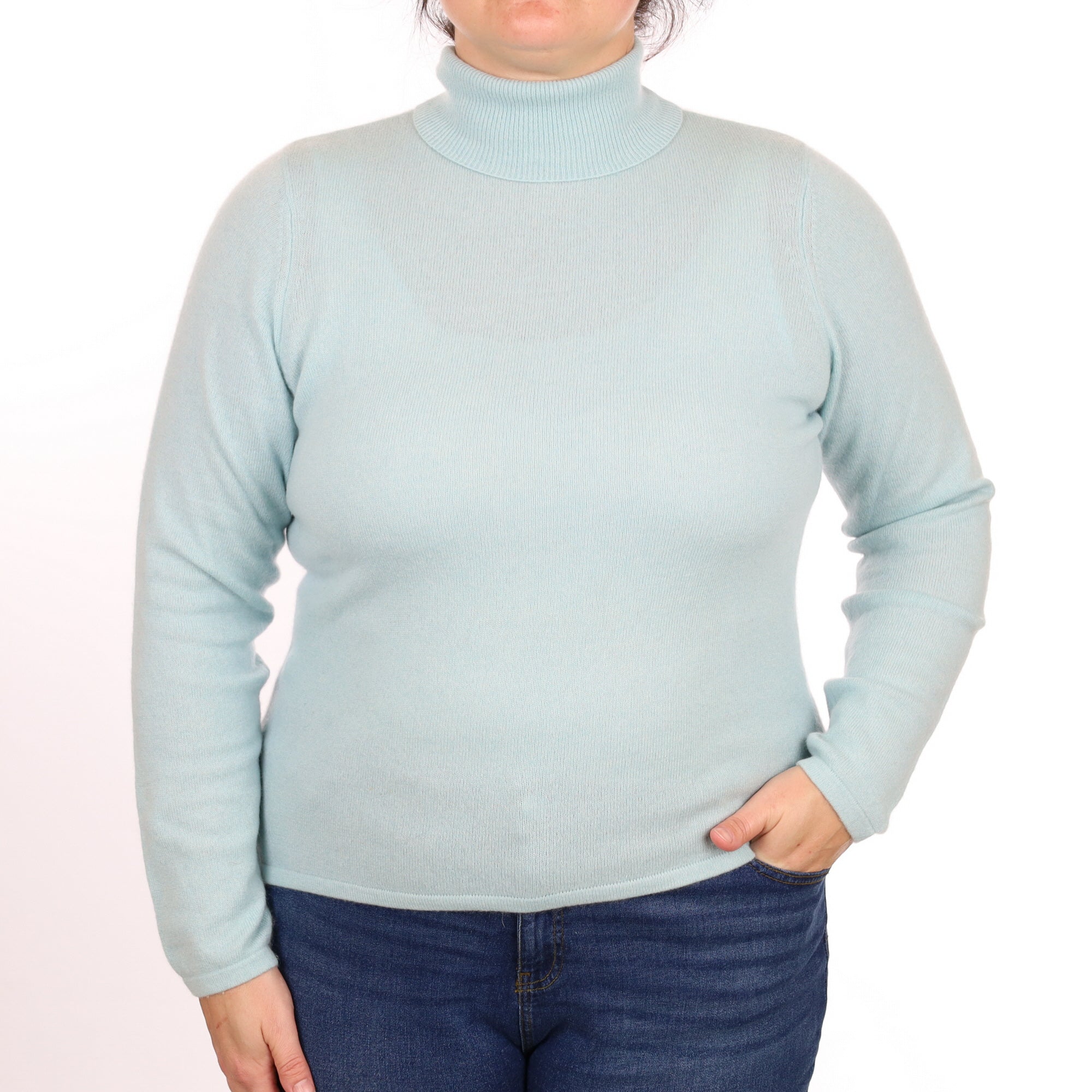 Pale Aqua Blue Cashmere Polo Neck Jumper Large