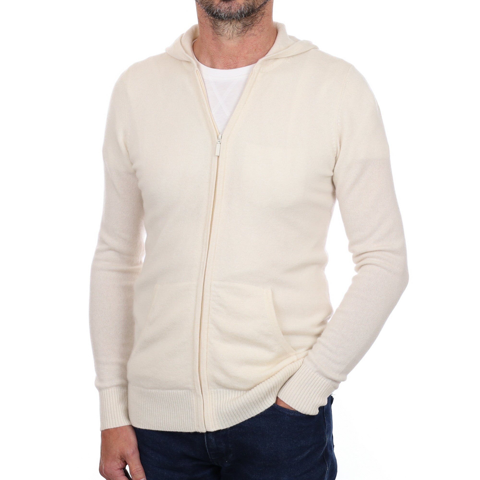 Men’s Cream Cashmere Zip Up Hoodie Jumper Small