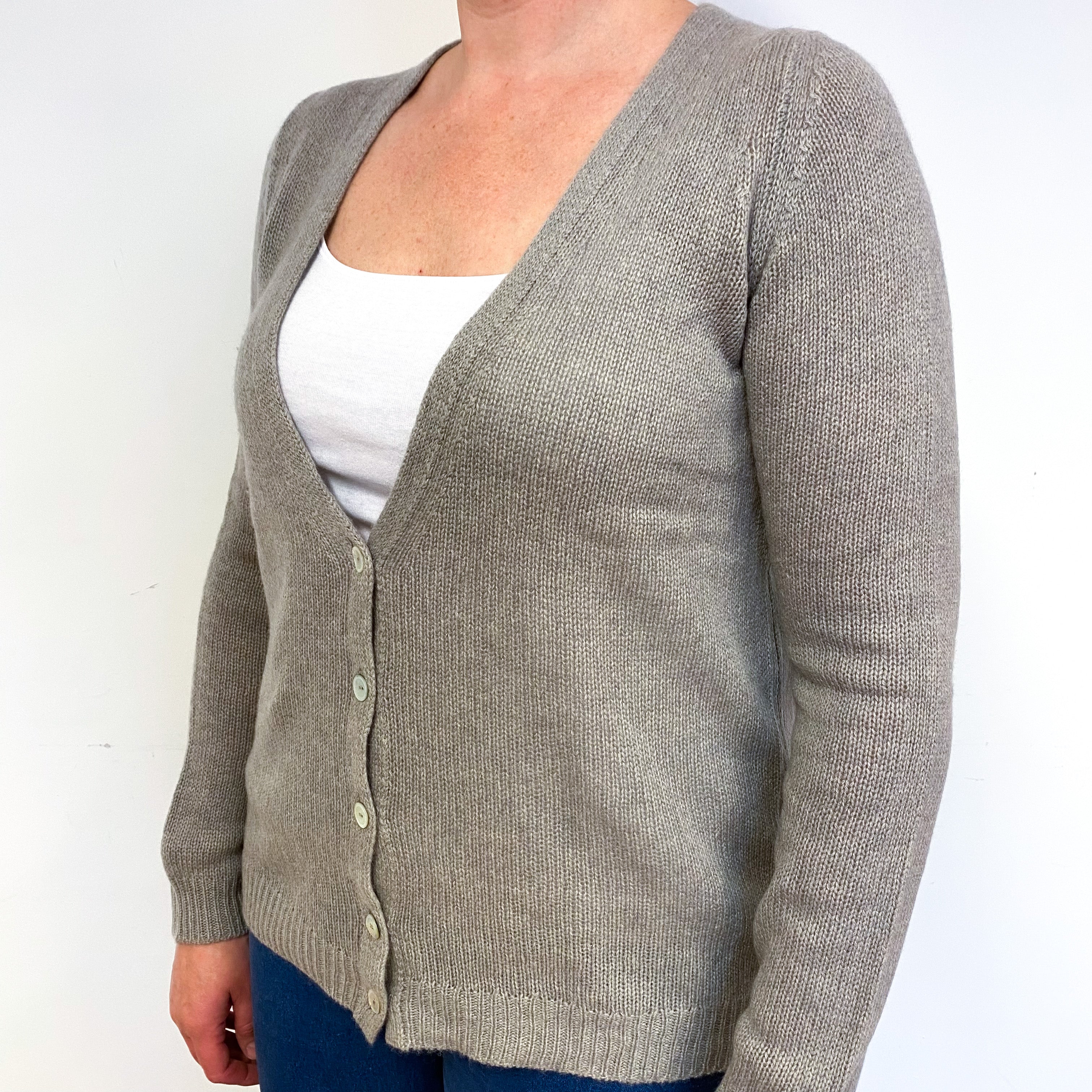 Scottish Mink Grey Lightweight Cashmere V-Neck Cardigan Large