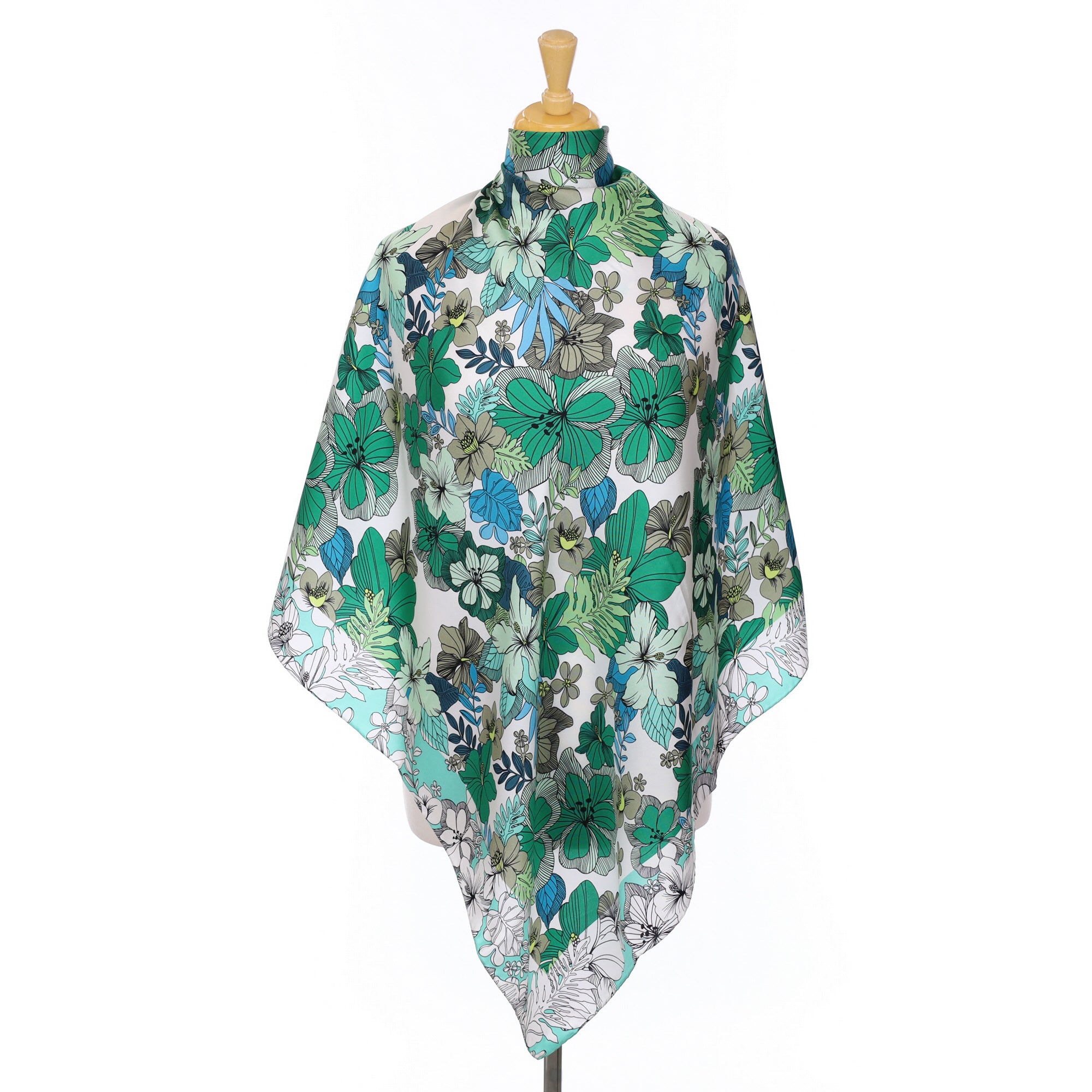 Unworn Contemporary Green Floral Silk Scarf