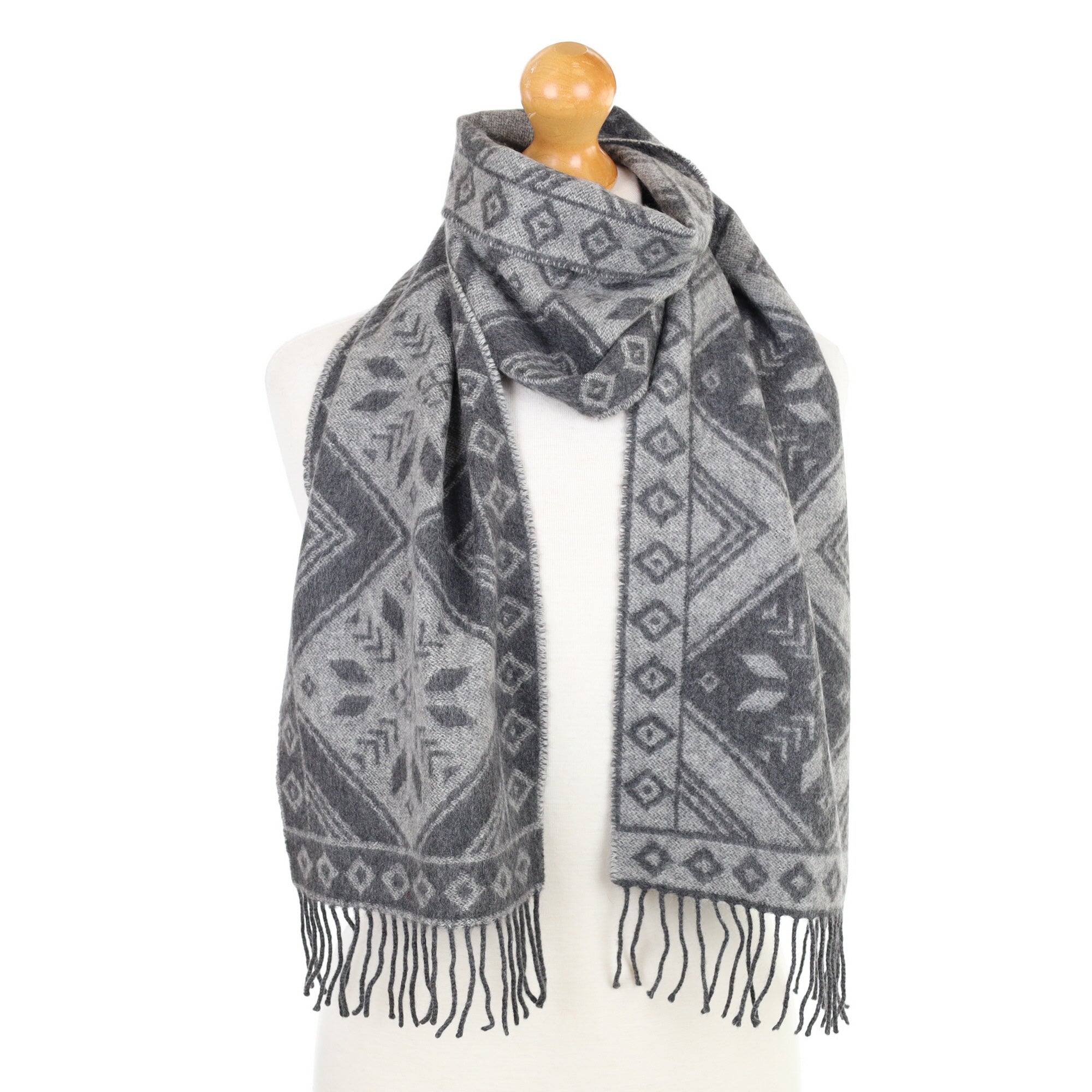 Grey Toned Patterned Fringed Cashmere Woven Scarf