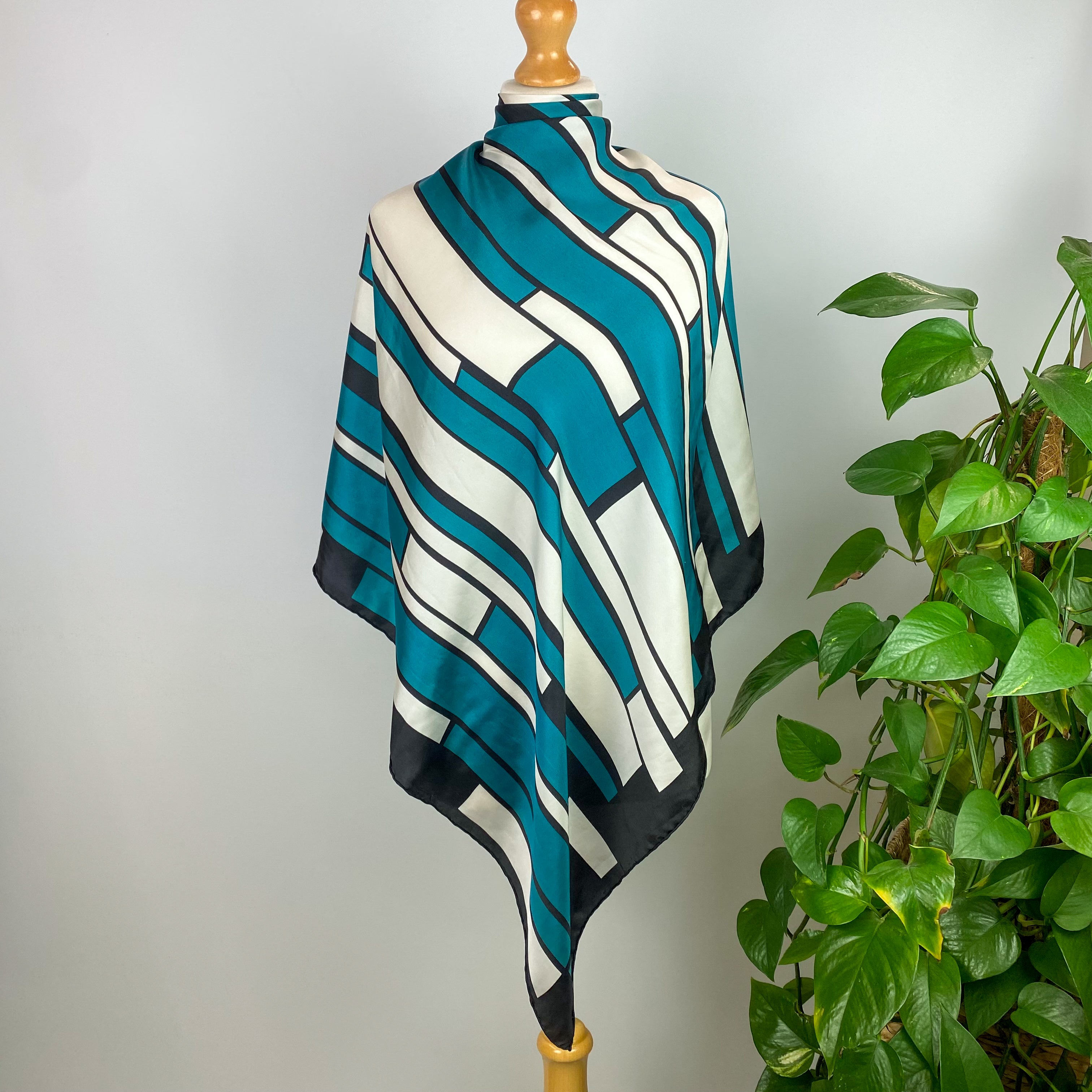 Teal, Cream and Black Vintage Silk Scarf