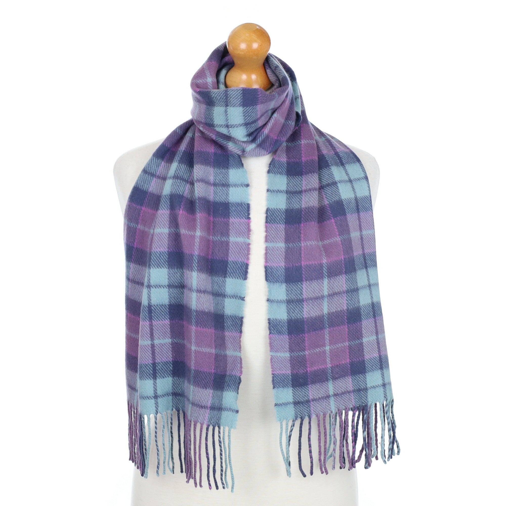 Lilac and Blue Checked Fringed Cashmere Woven Scarf