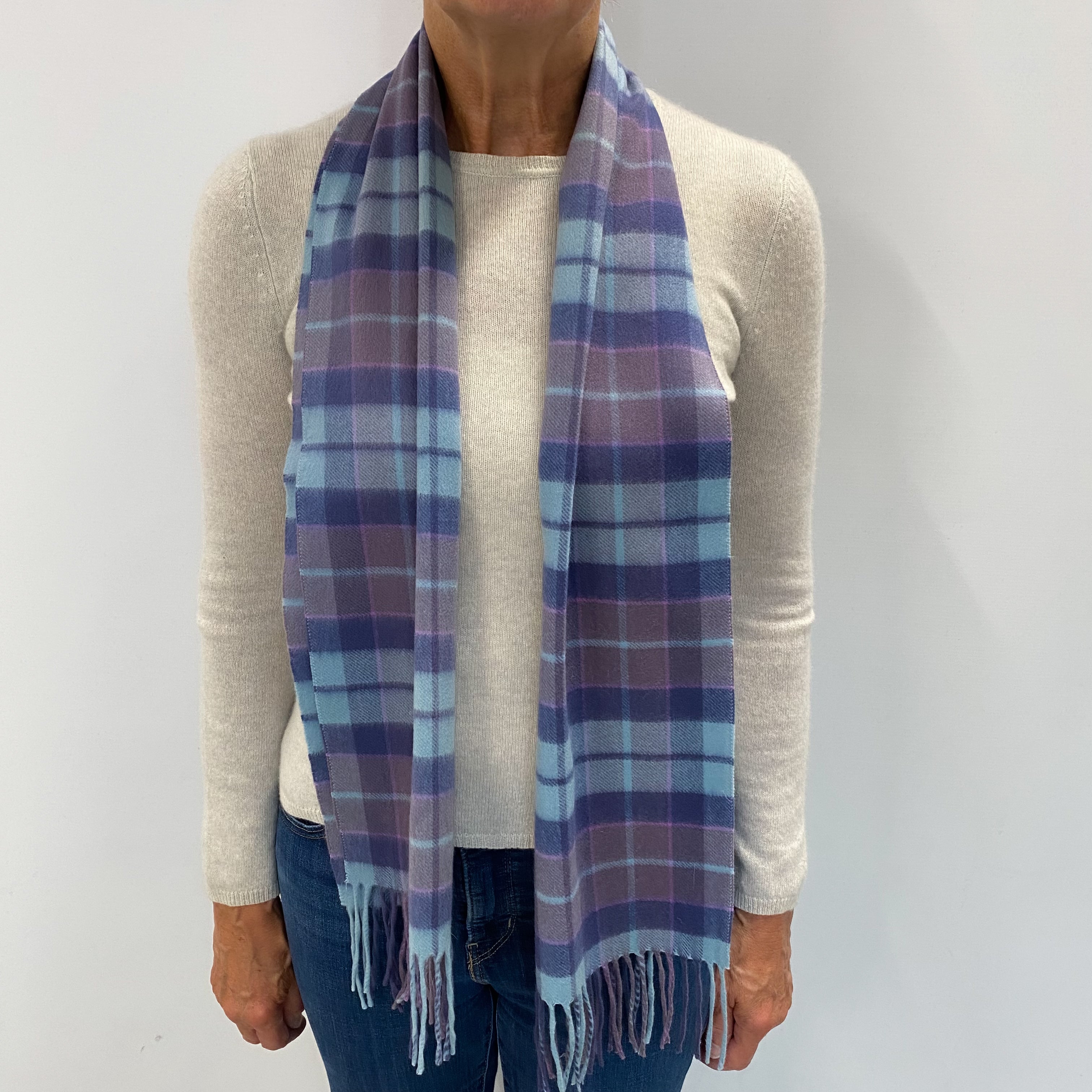 Purple and Blue Checked Cashmere Woven Fringed Scarf