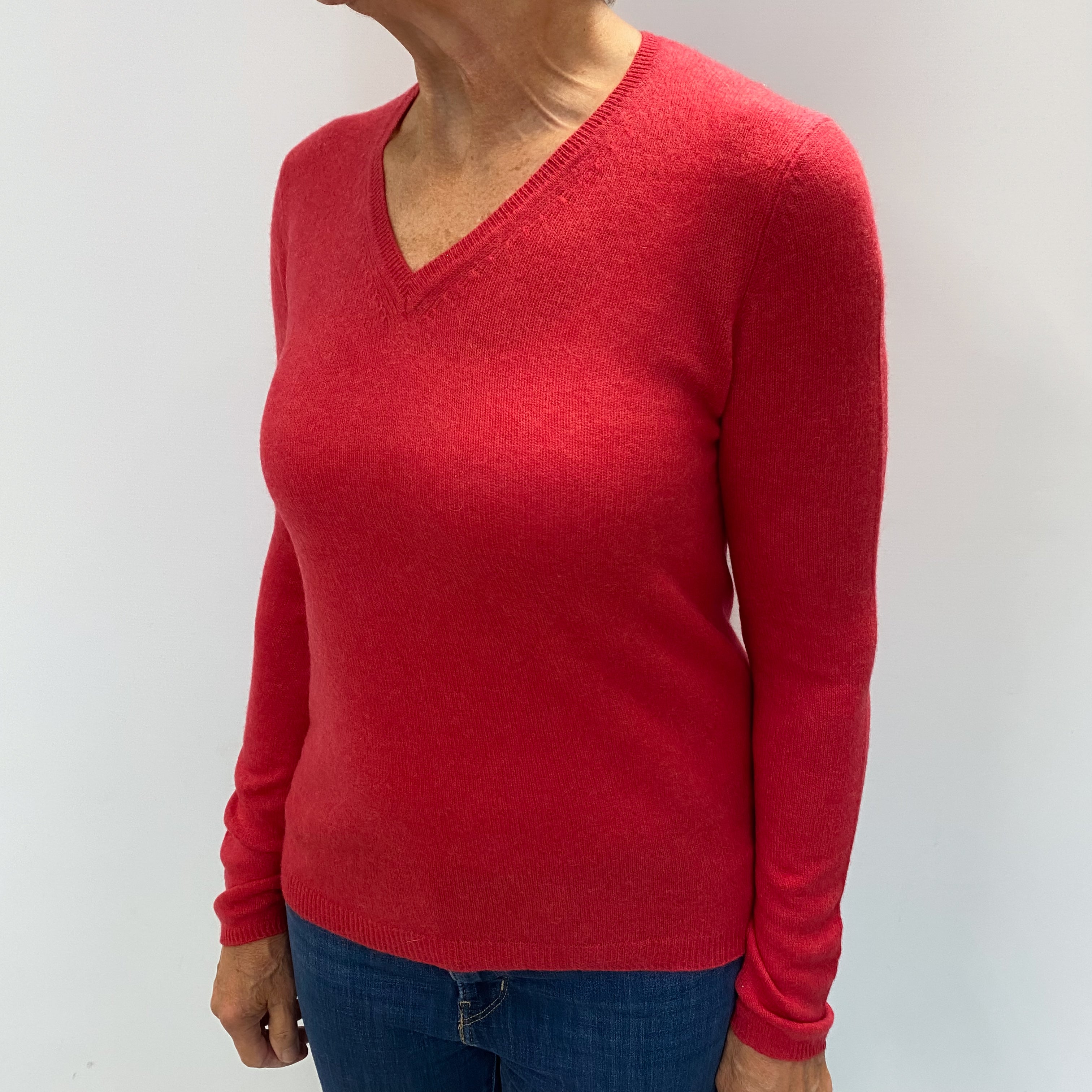 Watermelon Red Cashmere V Neck Jumper Medium