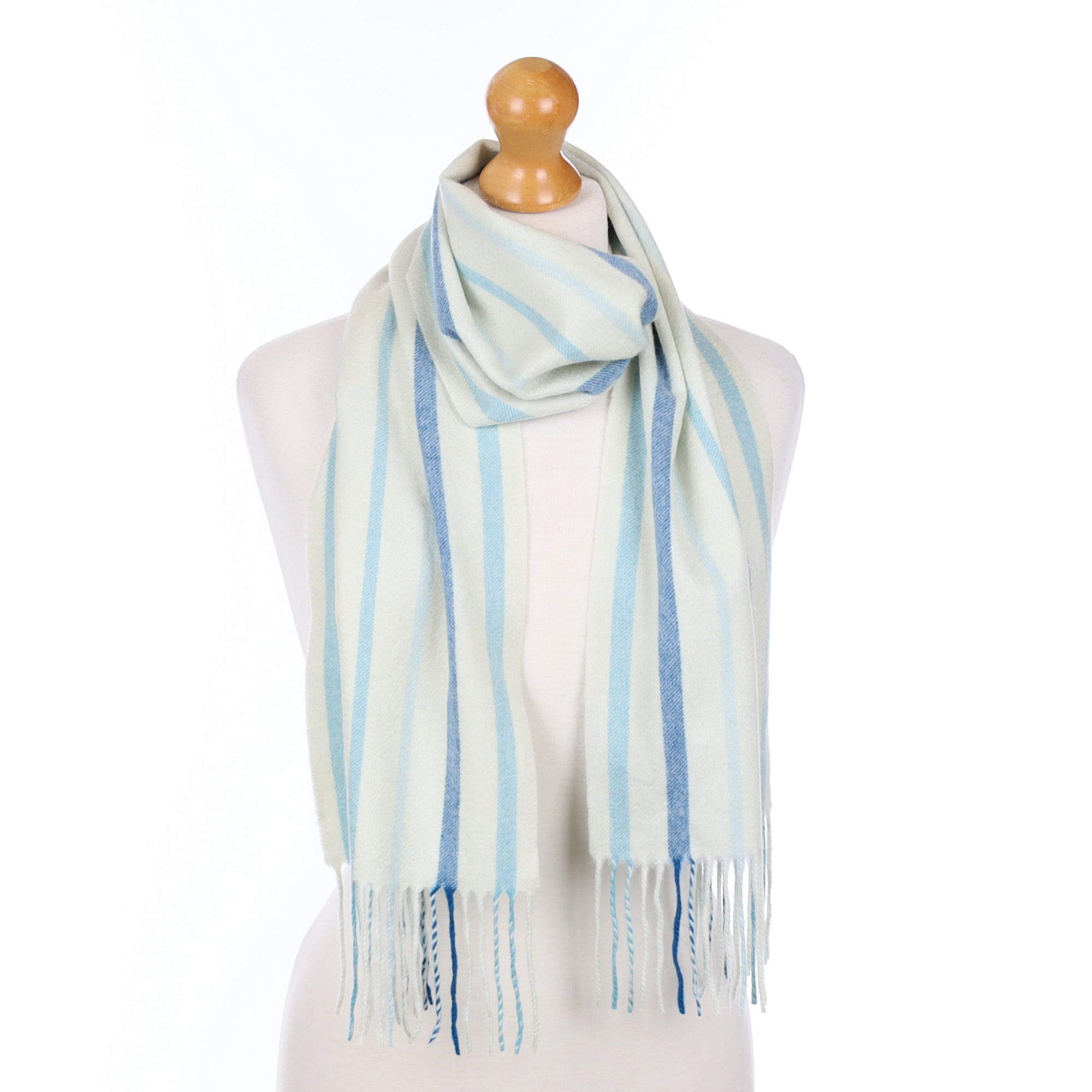 Sky Blue Stripe Fringed Cashmere Woven Scarf