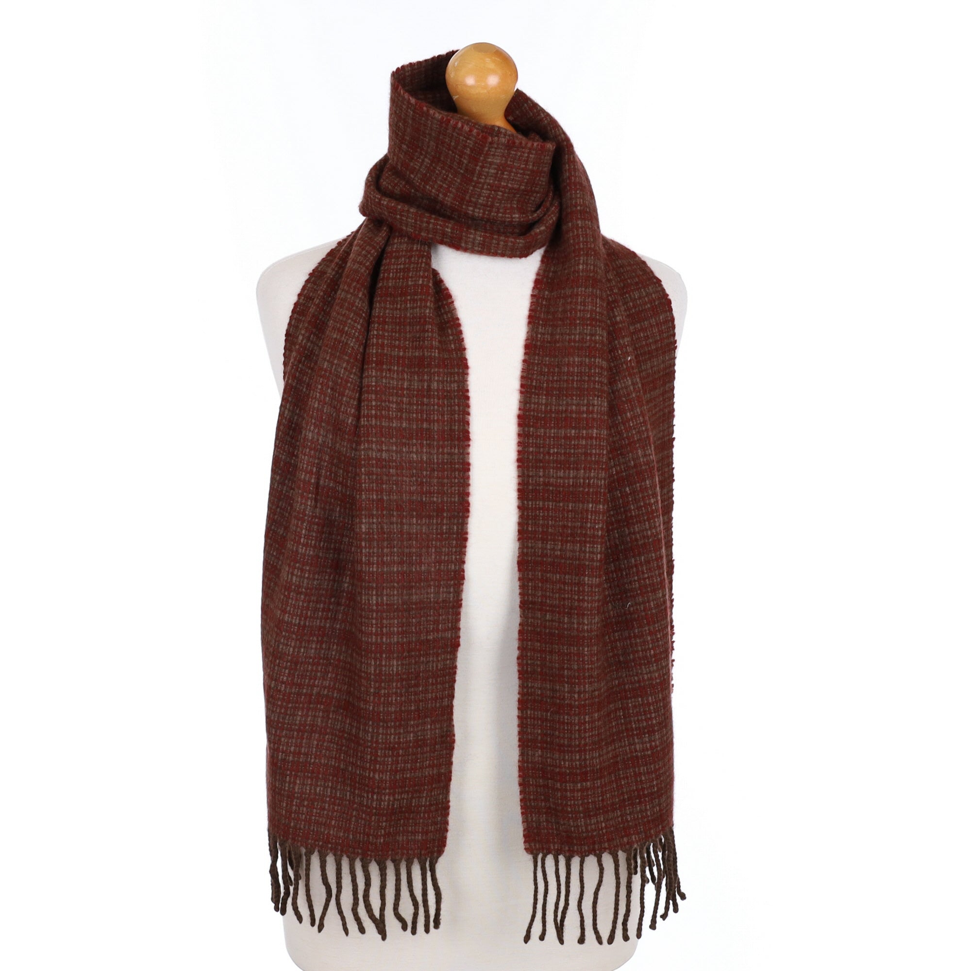 Mocha and Maroon Patterned Cashmere Fringed Woven Scarf