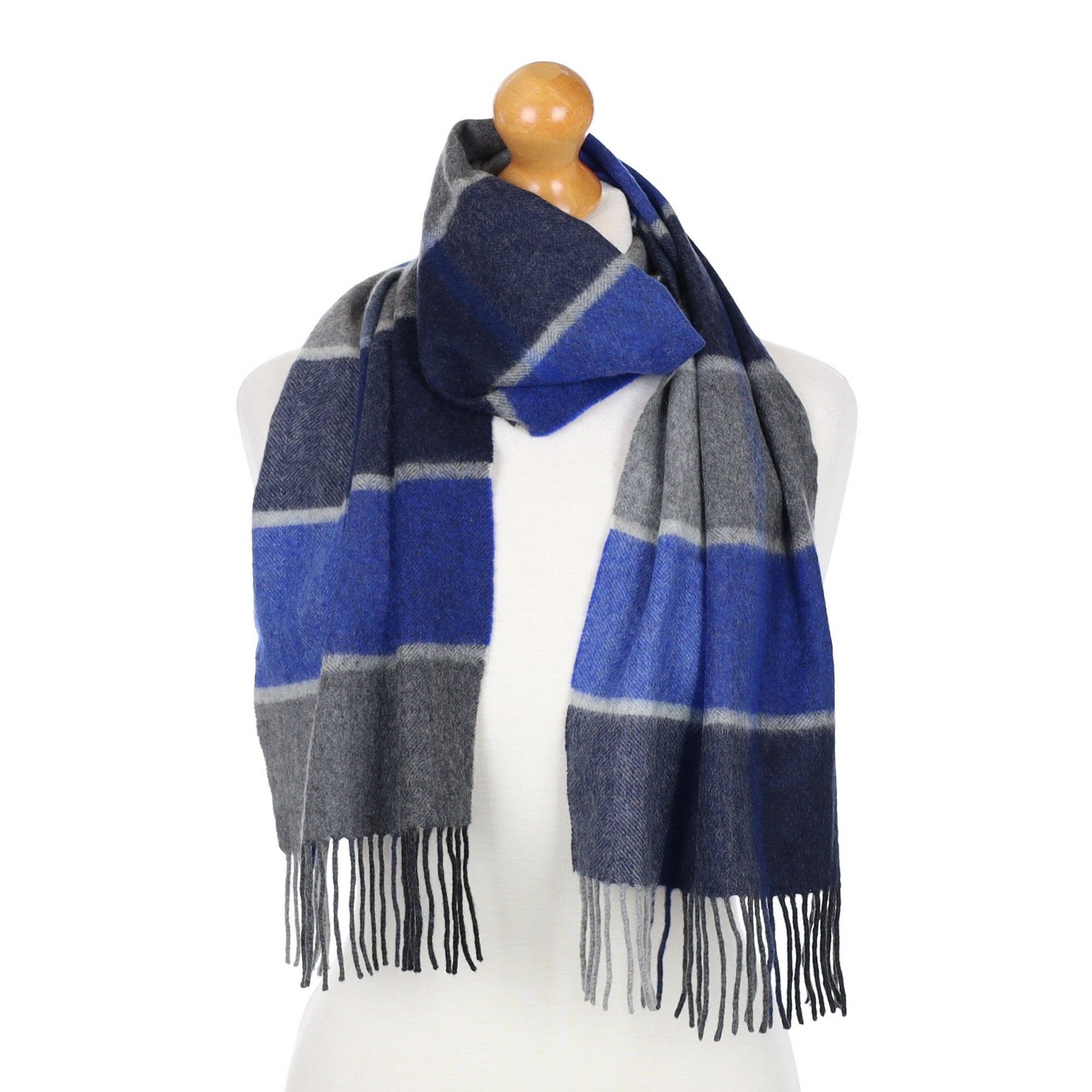 Blue and Grey Colour Block Fringed Cashmere Woven Scarf