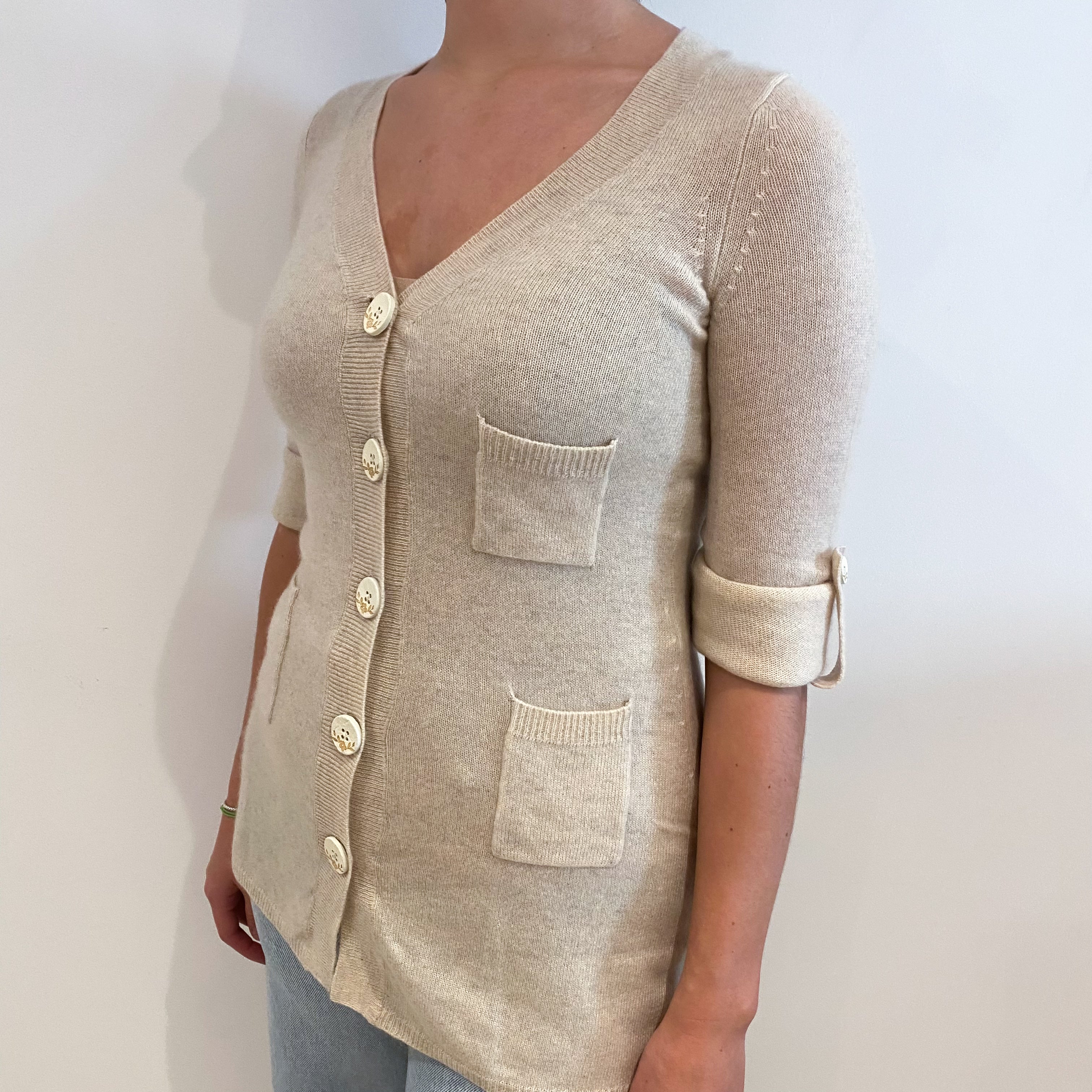 Pale Biscuit Cashmere Longline V Neck Cardigan Small