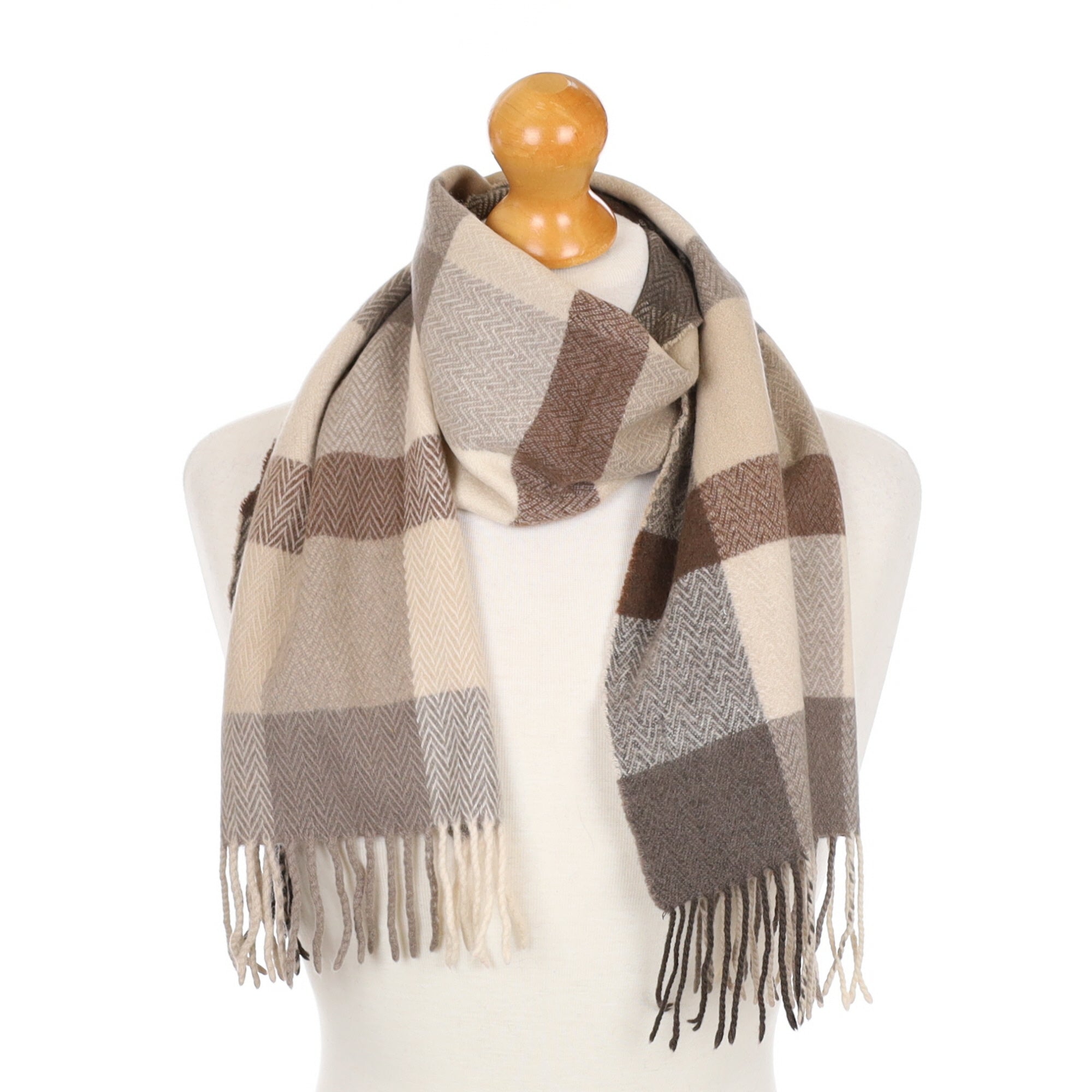 Brown Tone Checked Fringed Cashmere Woven Scarfe