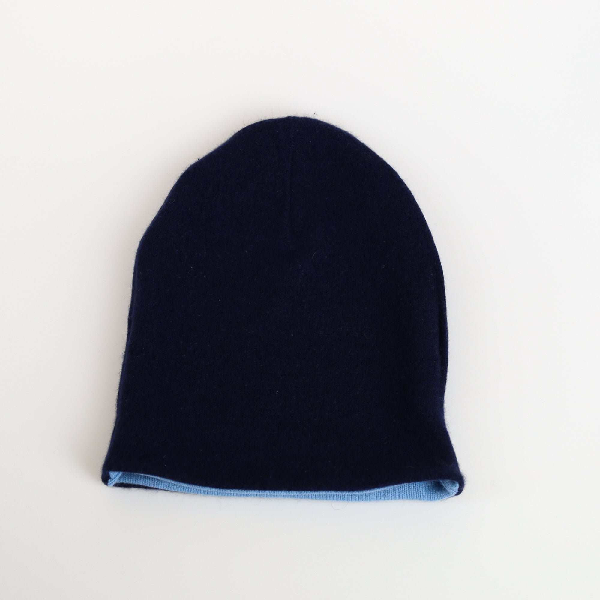 Navy and Cornflower Blue Reversible Cashmere Beanie Hat