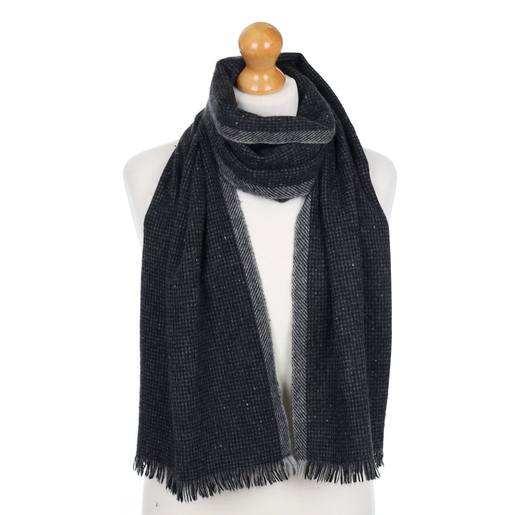 Black and Grey Waffe Knit Fringed Cashmere Woven Scarf