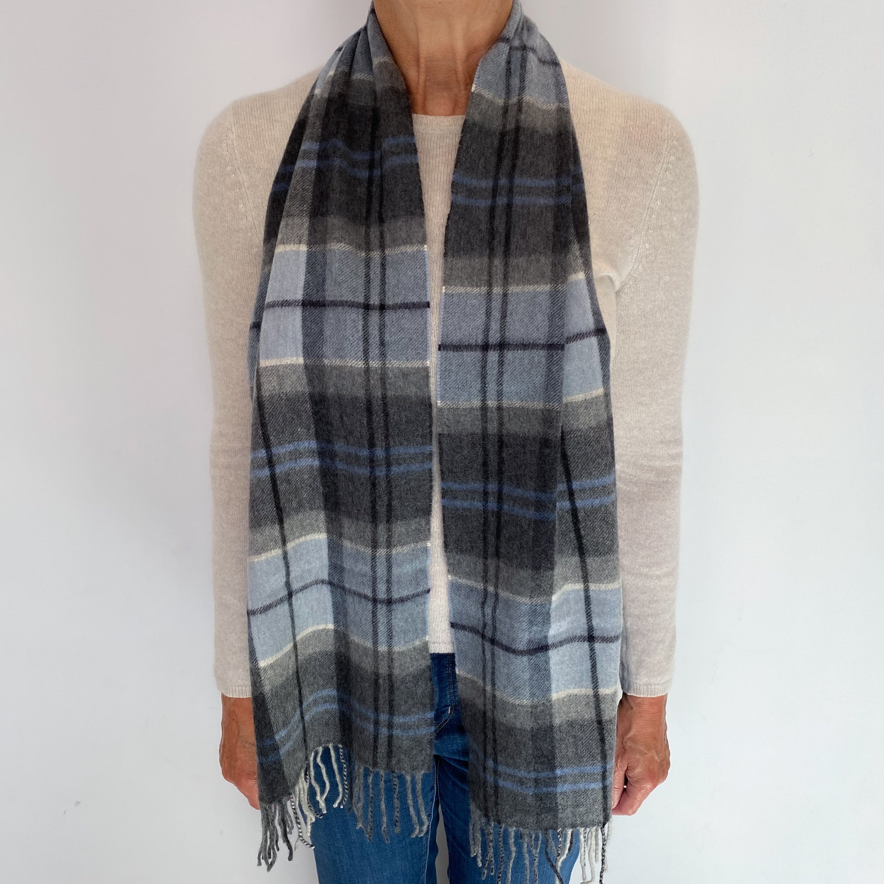 Grey and Blue Checked Cashmere Woven Fringed Scarf