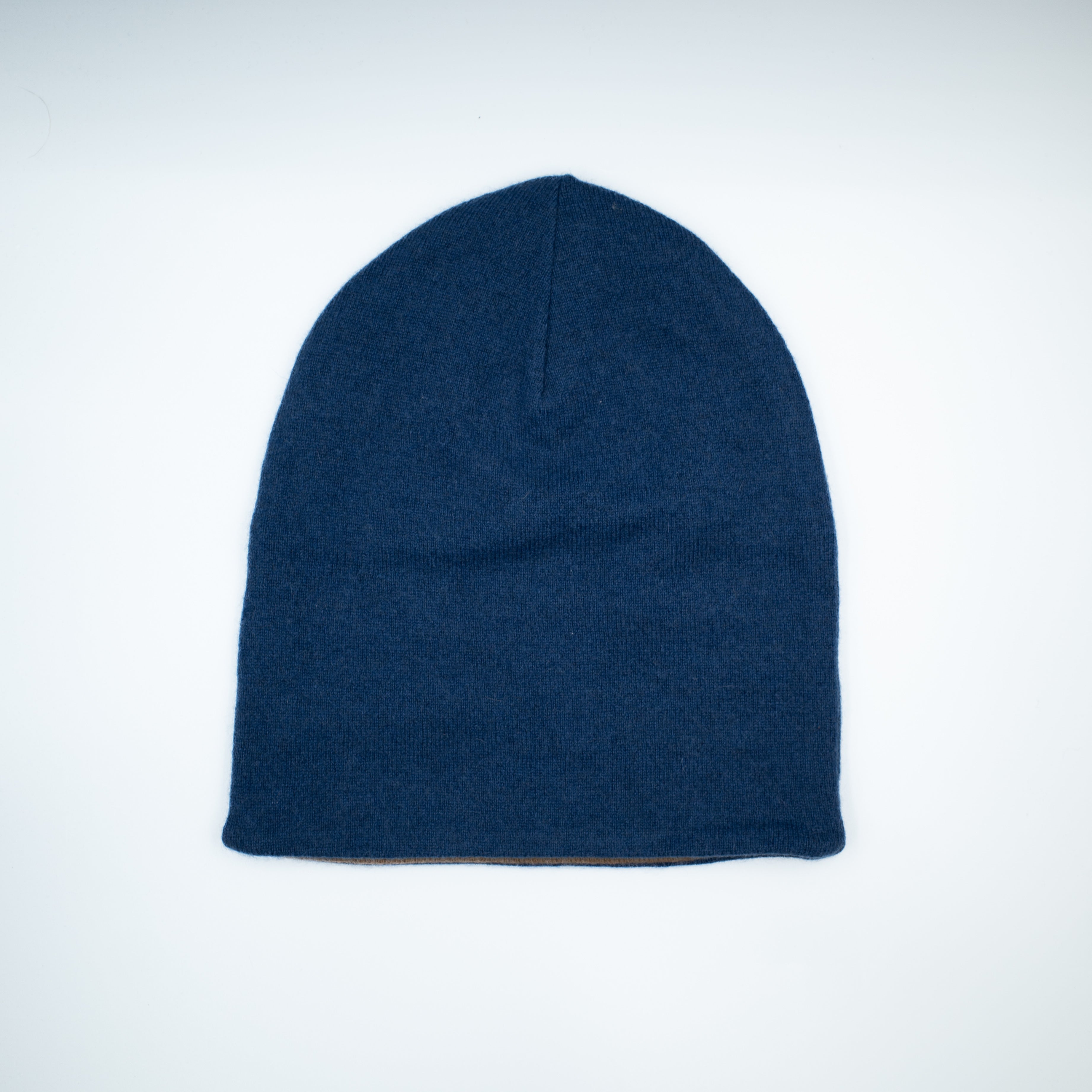 Denim Blue and Camel Cashmere Beanie Hat