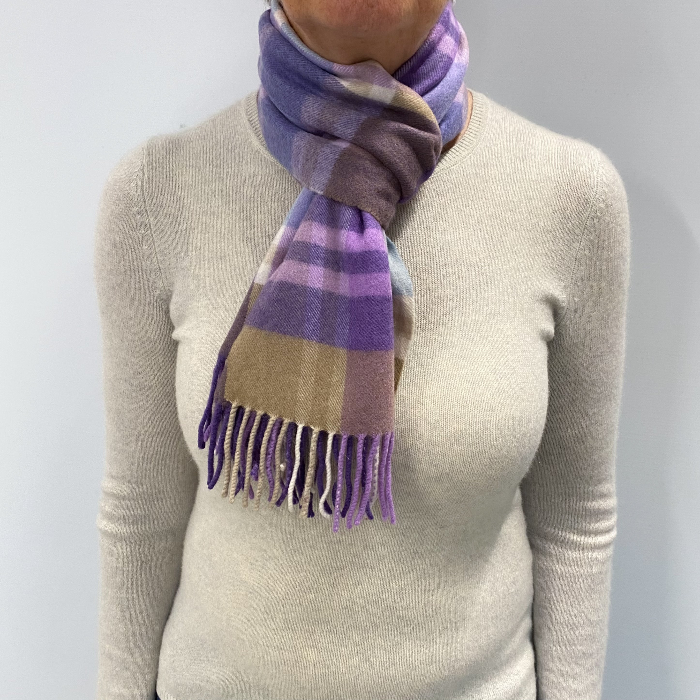 Purple and Beige Checked Cashmere Woven Fringed Scarf