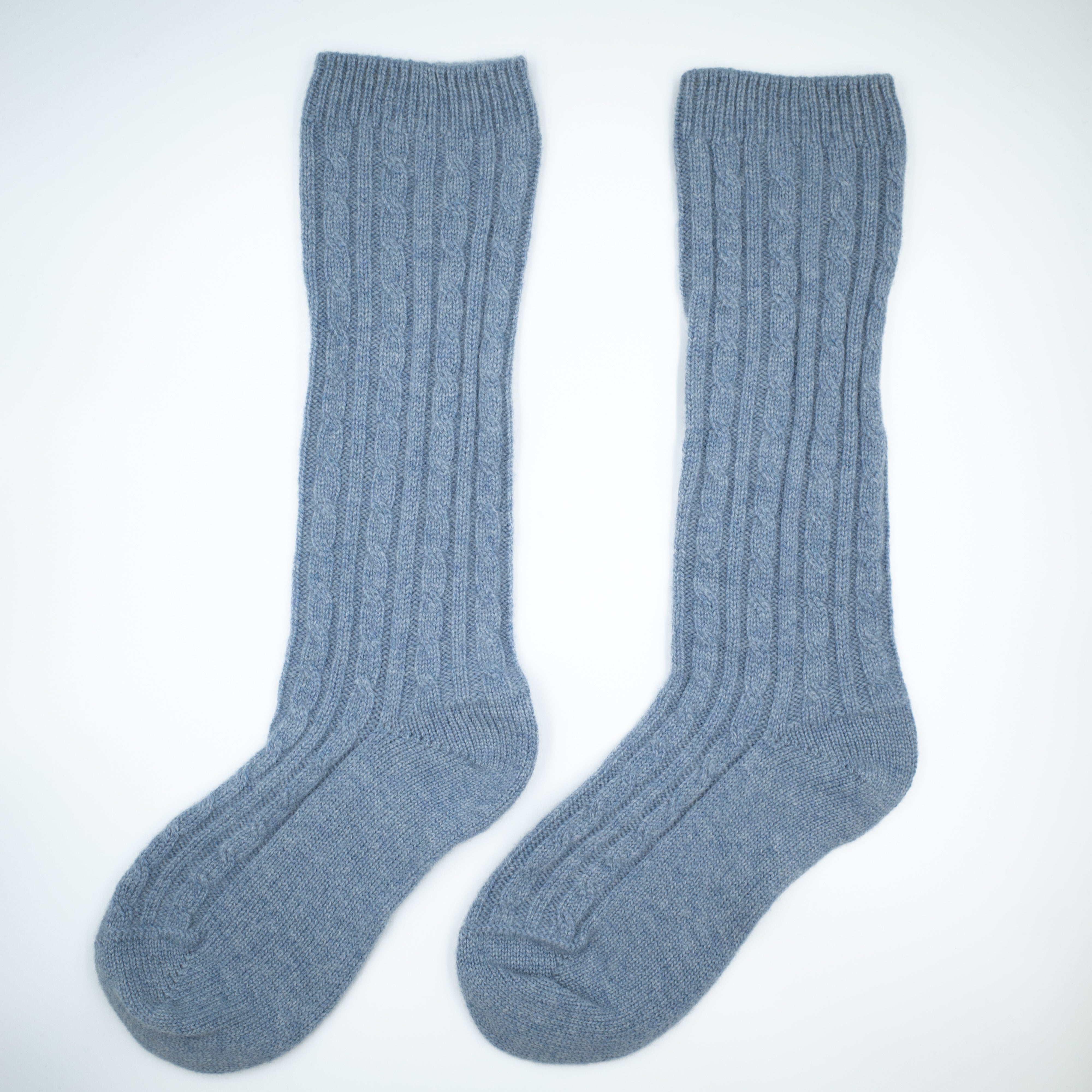 New Scottish Denim Blue Cable Cashmere Bed Socks Long