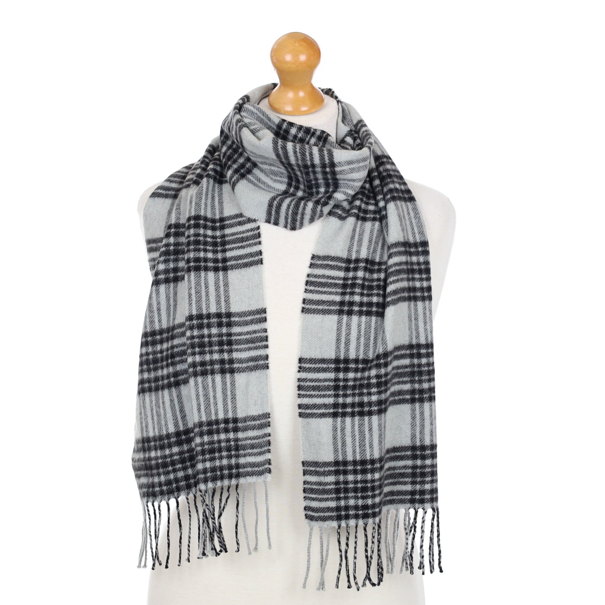 Grey Checked Cashmere Fringed Woven Scarf