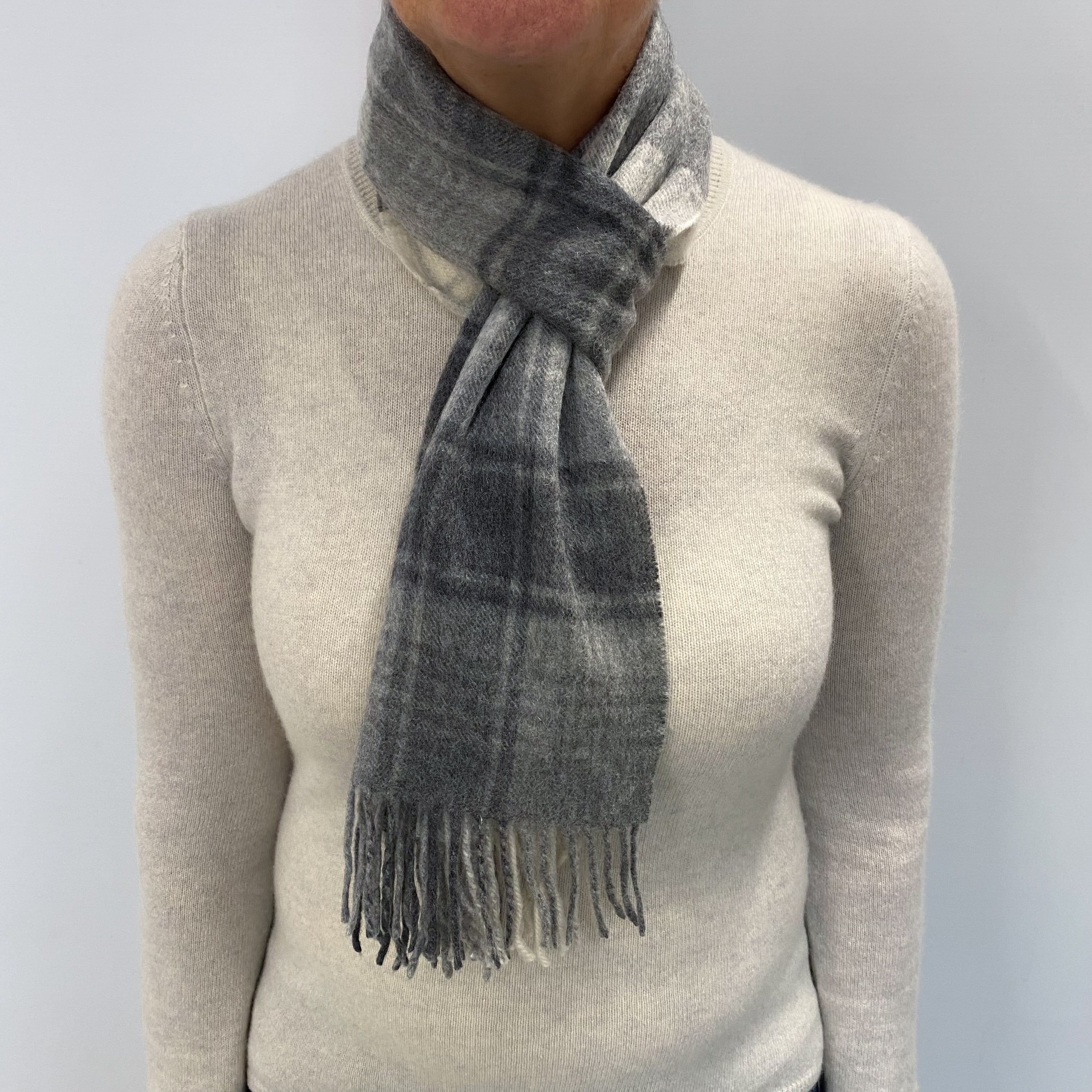 Grey Checked Cashmere Woven Fringed Scarf