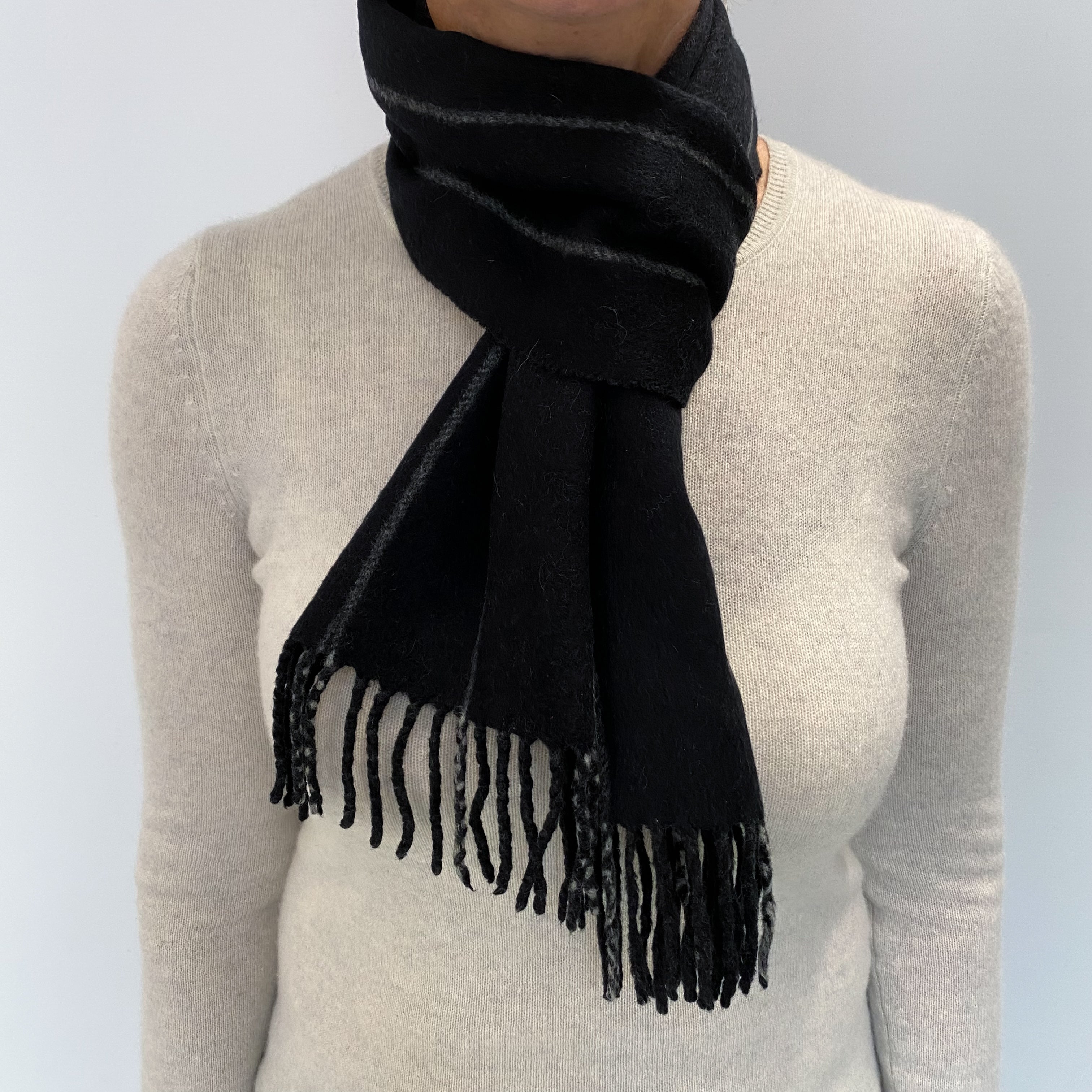 Black and Grey Striped Cashmere Woven Fringed Scarf