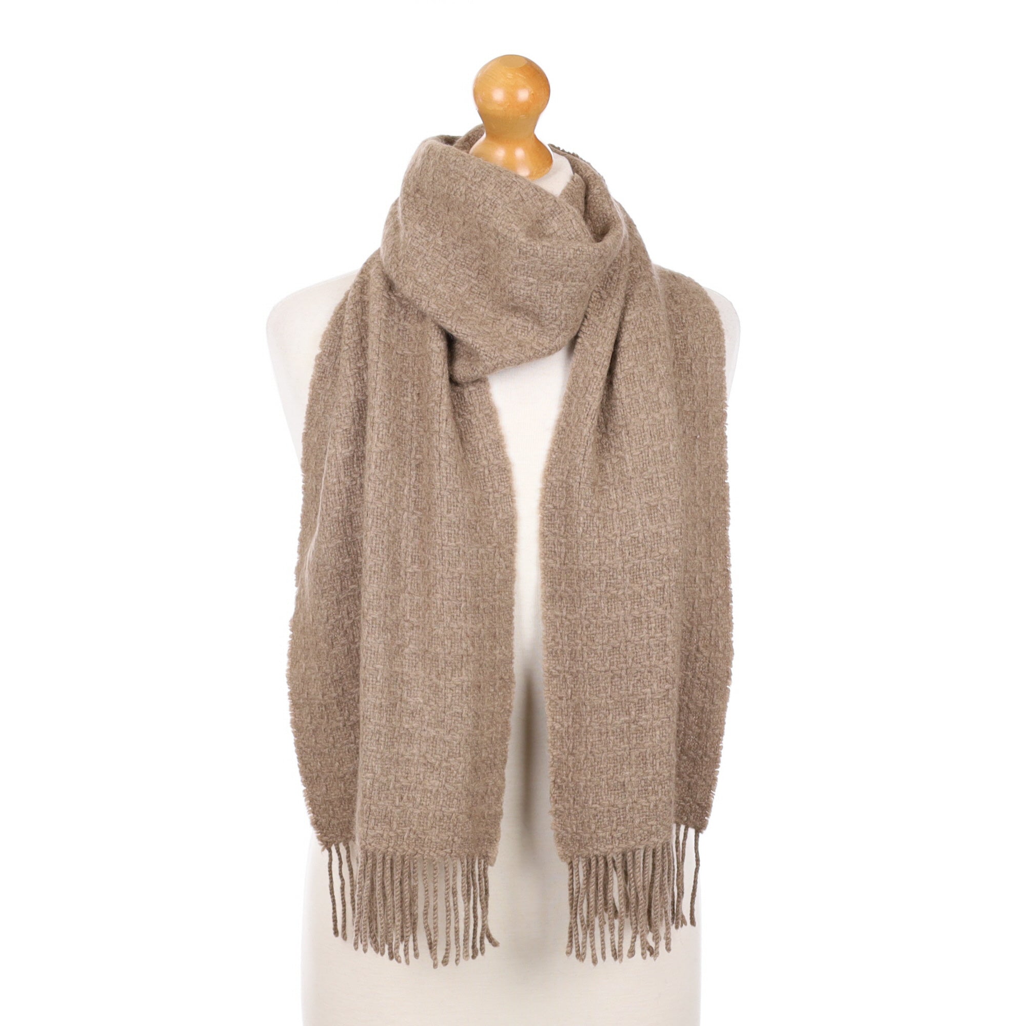 Taupe Brown Textured Fringed Cashmere Woven Scarf